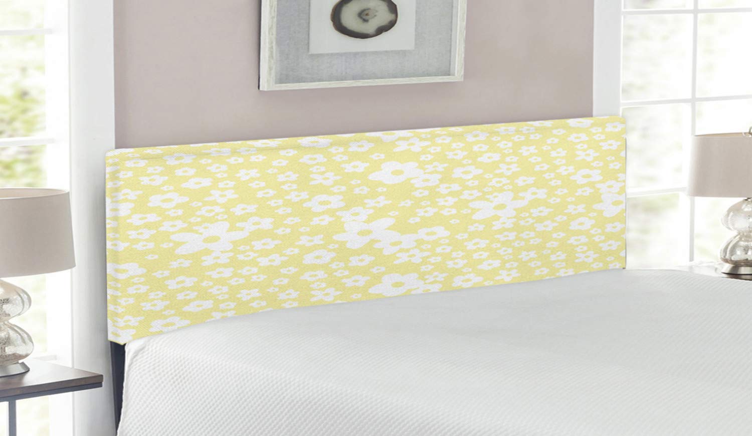 Ambesonne Floral Queen Size Headboard - Yellow & White Daisy Blossom Design with Memory Foam | Upholstered Decorative Metal Bed Frame for Spring Bedroom Decor | Perfect for Master Bedrooms, Guest Rooms & Cozy Home Styling