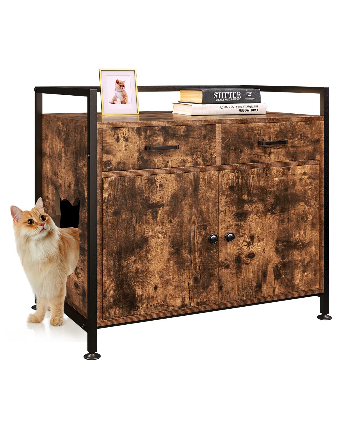 TC-HOMENY Wooden Cat Litter Box Enclosure Cabinet - Hidden Cat Washroom Furniture with 2 Doors & Drawers | Pet Litter Box Storage Solution for Home, Apartment, Living Room