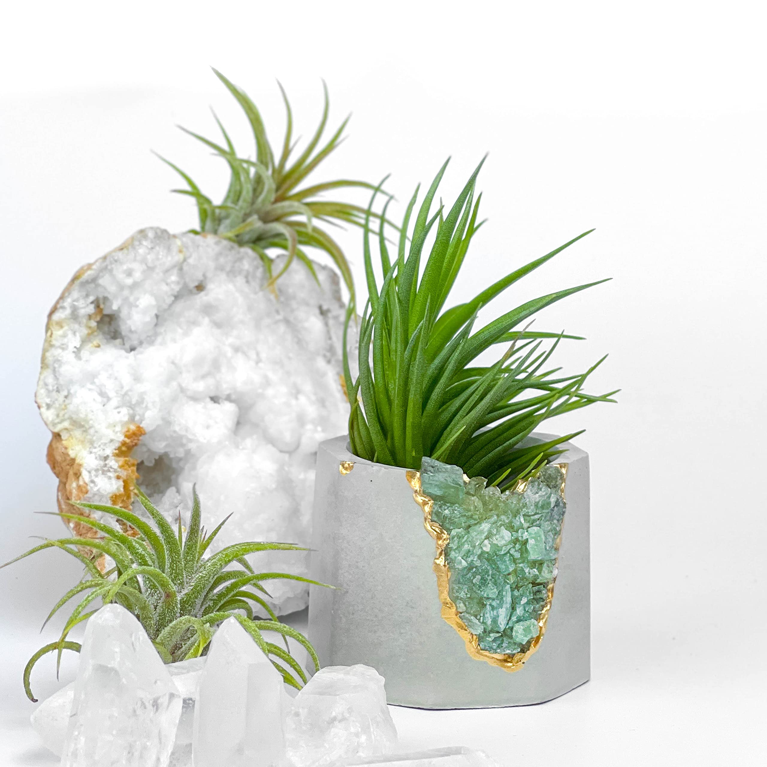 Raw Green Apatite Crystal Planter - Mini Succulent & Air Plant Holder - Handmade Concrete Geode Pot with Healing Properties - Unique Home Decor for Office Desk, Meditation Space & Gift Ideas
