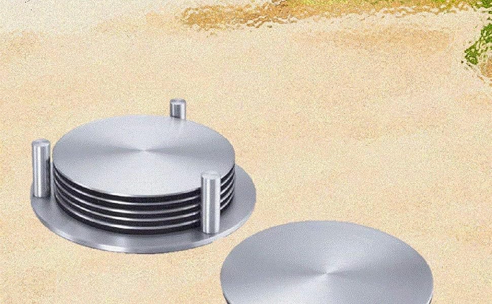 Homz Stainless Steel Round Coaster Set with Stand - 6-Piece Matte Finish Drink Coasters for Coffee, Tea, Wine & Beer - Durable Table Protectors for Dining Room, Bar, Office & Home Decor