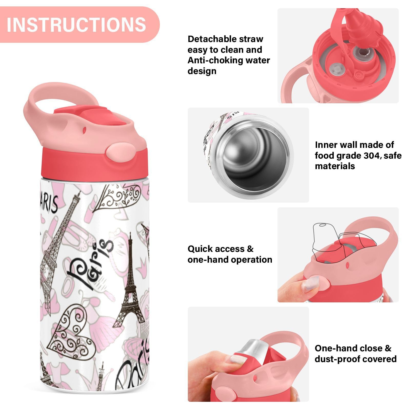 Paris Eiffel Tower Kids Water Bottle - 12oz Insulated Stainless Steel Thermos with Straw Lid, BPA-Free & Leakproof for Boys & Girls - Perfect for School, Travel & Outdoor Activities