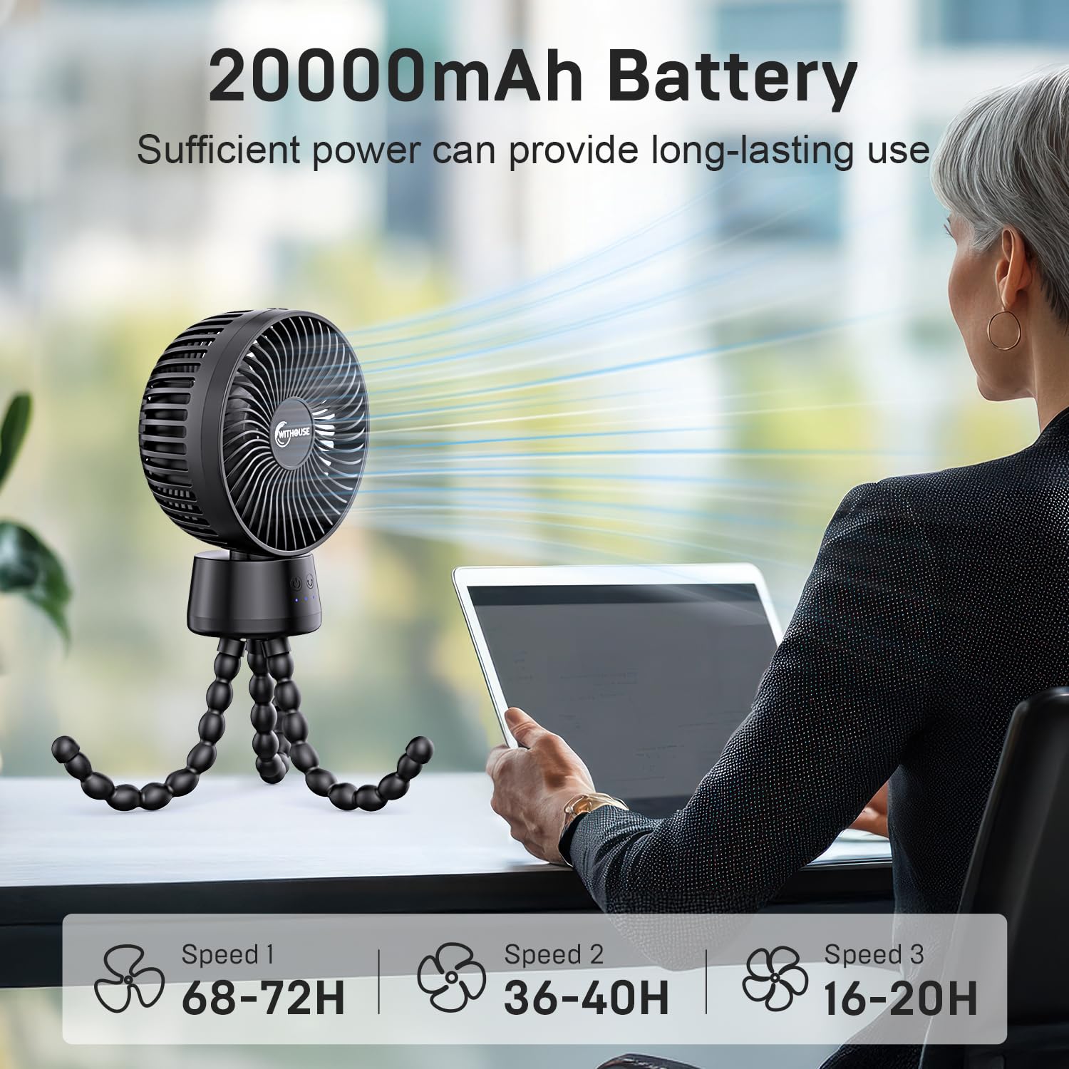 20000mAh Portable Stroller Fan with Power Bank & LED Light - 120° Auto Oscillation, Detachable Tripod, Rechargeable Battery - Perfect for Baby Crib, Car Seat, Travel, Office & Home Use