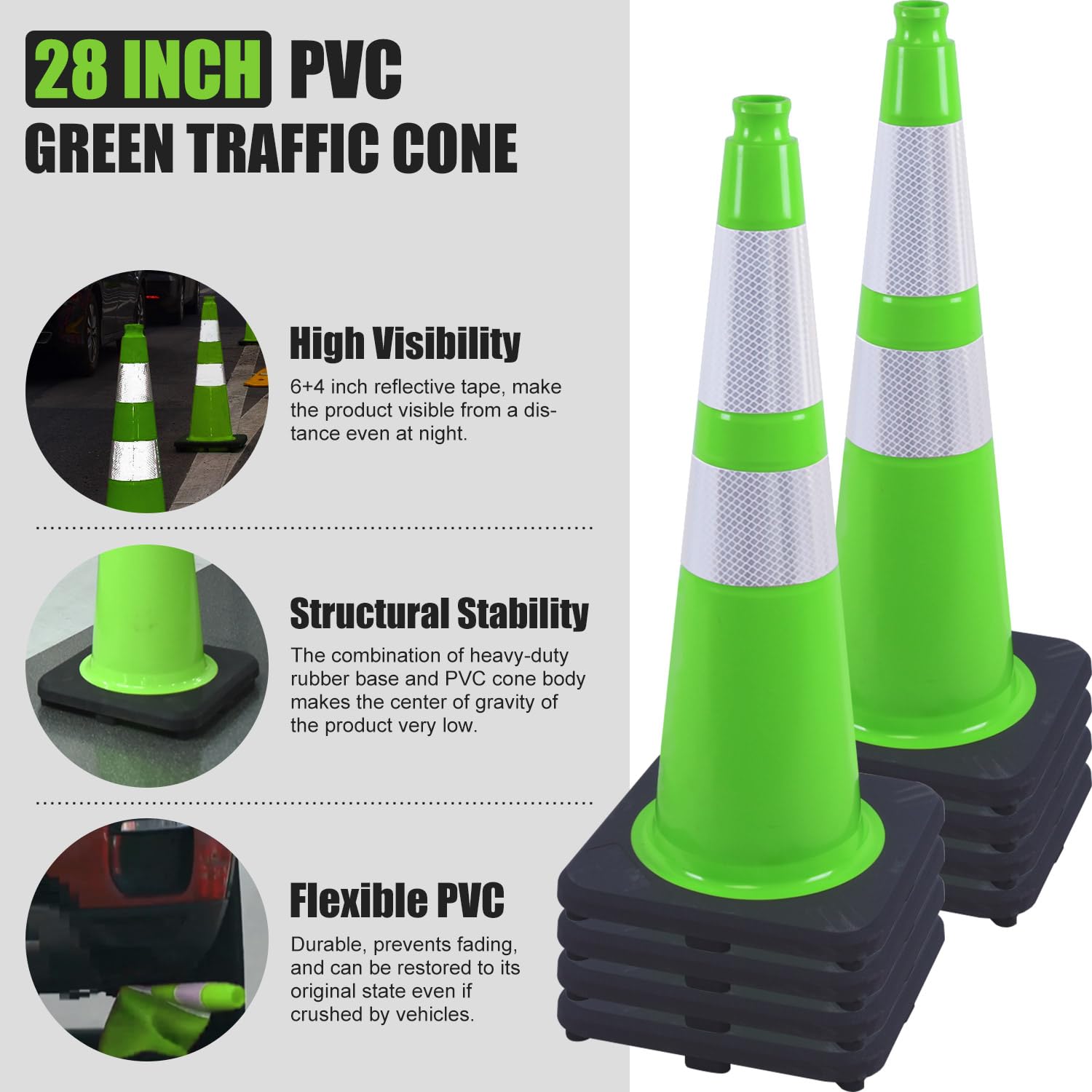 8 Pack 28 Inch Green PVC Traffic Safety Cones with Reflective Tape - Heavy Duty Rubber Base for Road Construction, Parking Lots & Garage Safety - Perfect for Traffic Control, Event Marking & Work Zone Safety (28 Inch)