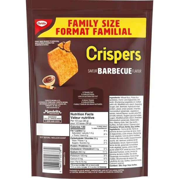 Christie Crispers Barbecue Flavor Family Size Salty Snacks, 240g/8.47oz (Pack of 3) - Crunchy Potato Chips for Parties, Picnics & Movie Nights - Shipped from Canada