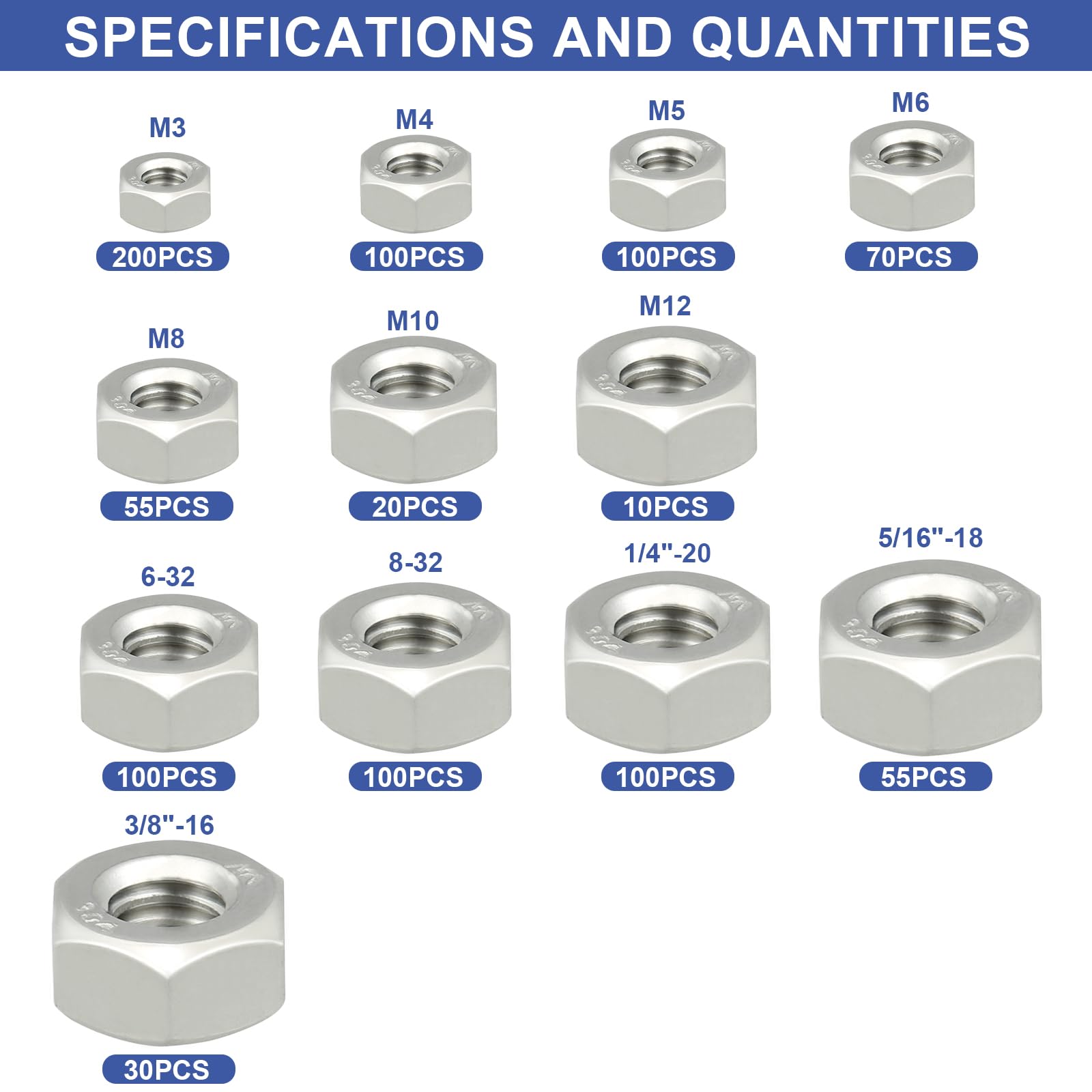 Stainless Steel M3 Hex Nuts 200 Pack - Coarse Thread Hexagon Hardware Nuts for Professionals, Repairmen & DIY - Perfect for Machinery, Automotive Repairs & Home Improvement Projects