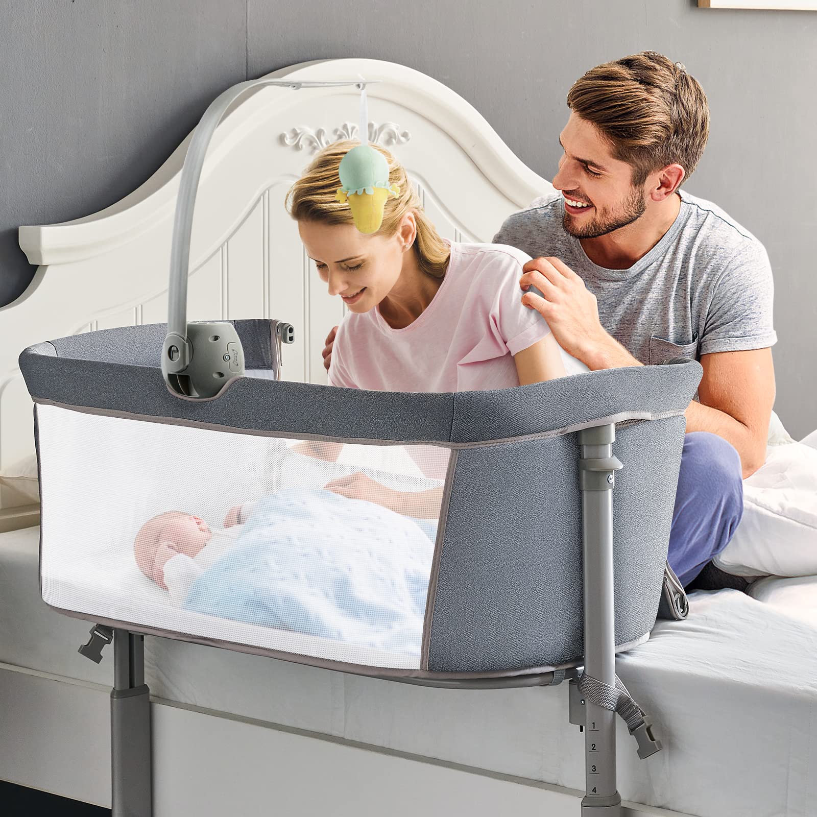 RONBEI Adjustable Baby Bassinet Bedside Sleeper - Easy to Assemble Newborn Crib with Height Adjustment for Safe Co-Sleeping | Perfect for Nursery, Bedroom & Travel Use