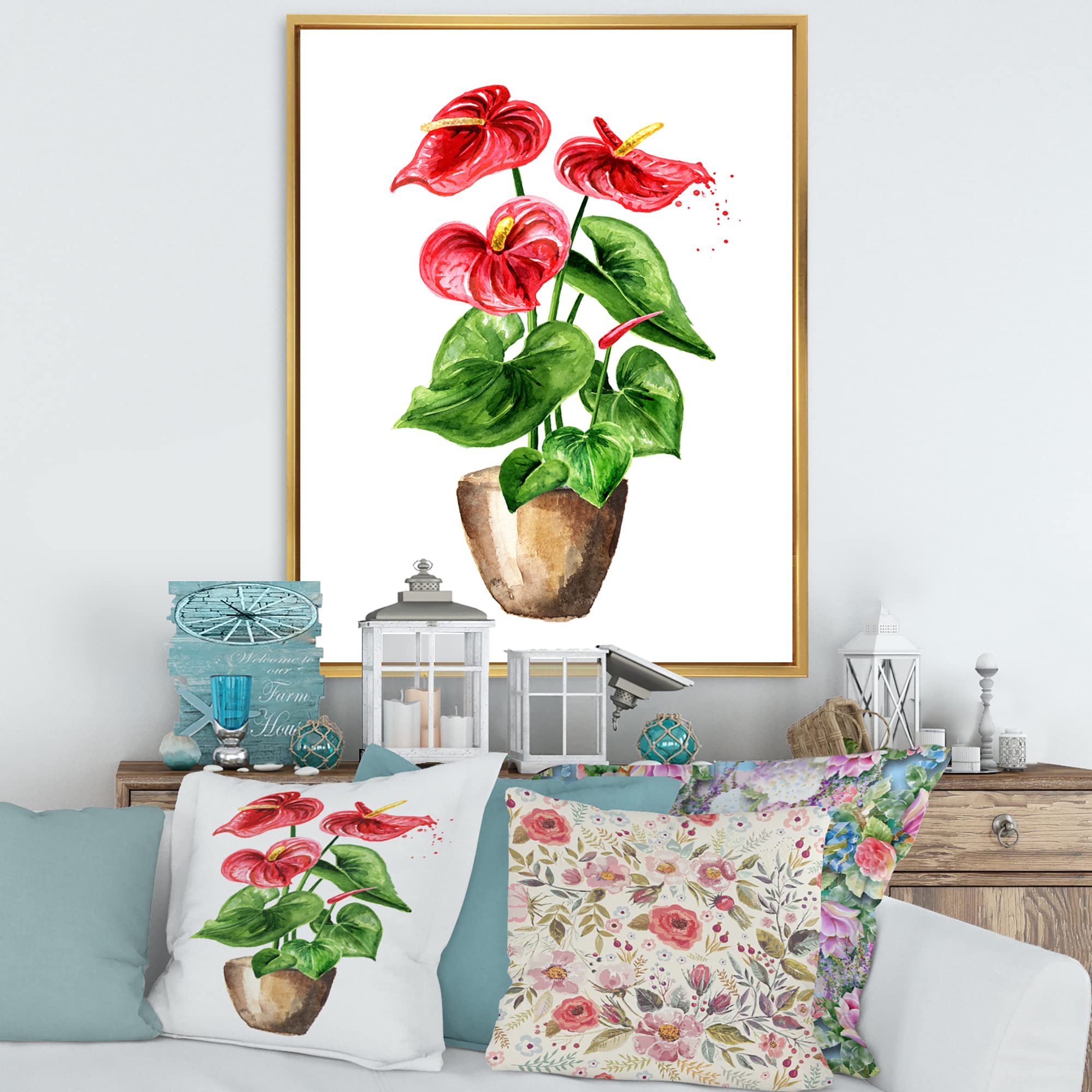 DesignQ Anthurium Tailflower or Flamingo Flower Potted Plant - Traditional Framed Canvas Wall Art Print for Home & Office Decor
