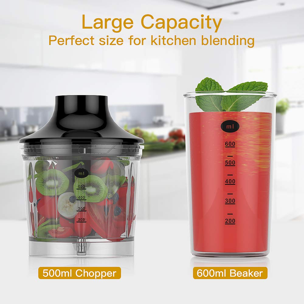 Powerful 4-in-1 Immersion Hand Blender Set - 500W Electric Food Blender with 16oz Chopper, 20oz SAN Beaker & Balloon Whisk | BPA-Free Kitchen Mixer for Smoothies, Soups, Sauces & Baking