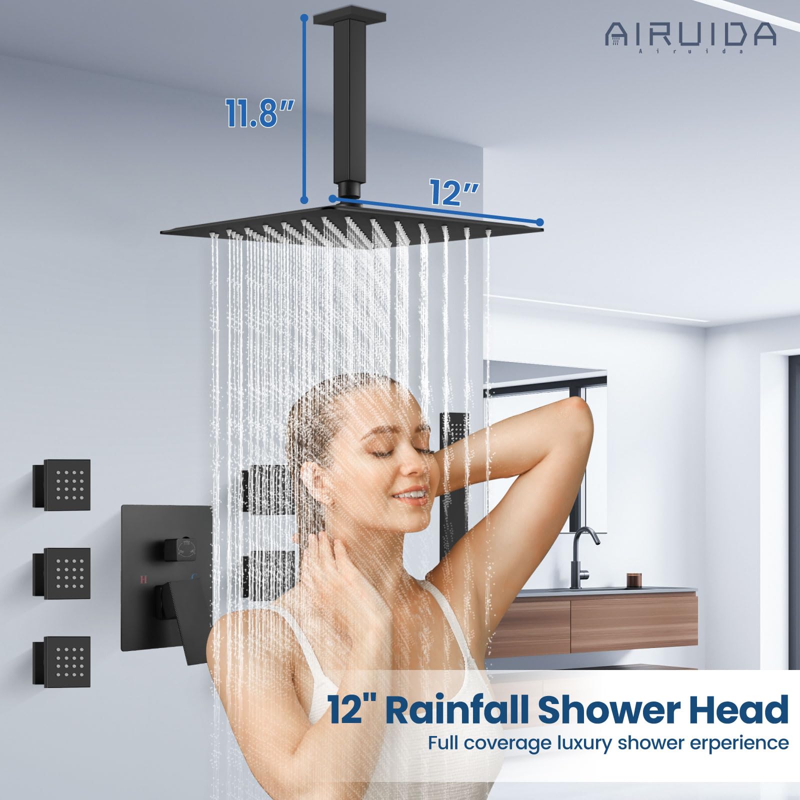 Airuida Matte Black Ceiling Mount Shower System Set - 12 Inch SUS304 Rainfall Shower Head with 6 Body Spray Jets, Brass Handheld Rain Mixer for Full Body Shower Experience | Perfect for Modern Bathroom Renovation & Spa-Like Relaxation