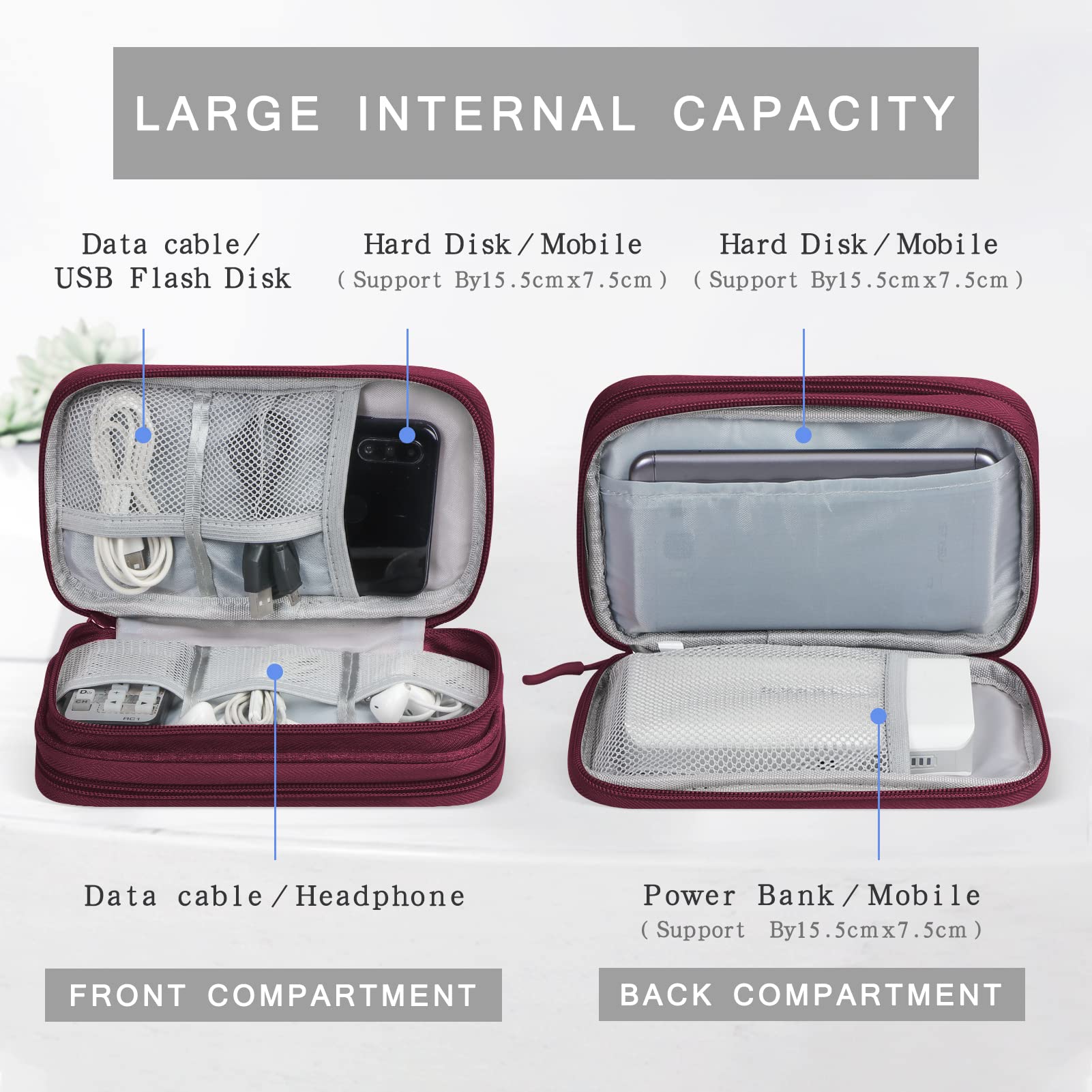 Skycase Waterproof Electronic Organizer Travel Case - Double Layer Cable & Accessory Storage Pouch for Chargers, Wires, Tech Gear (Red) | Perfect for Travel, Office & Home Organization