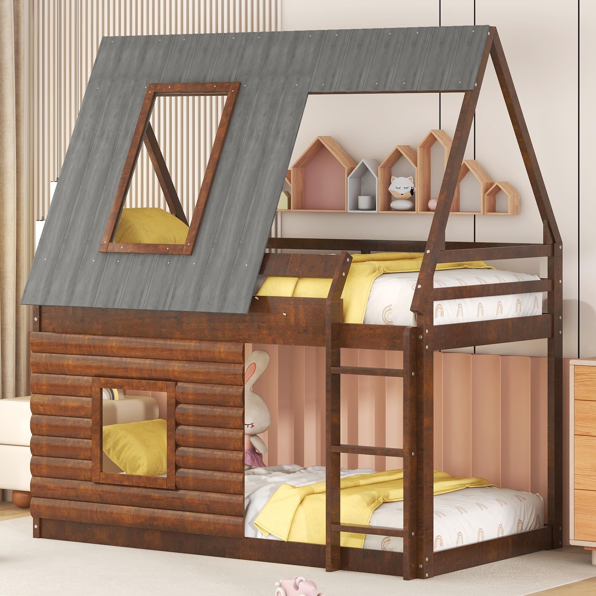 P PURLOVE Twin Over Twin Kids House Bunk Bed with Roof - Wooden Loft Bed Frame with 2 Windows & Ladder - Space-Saving House-Shaped Bunk Bed for Children's Bedroom, Playroom or Small Spaces