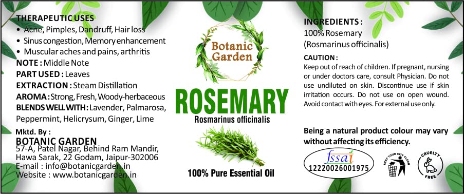 Pure Botanic Garden Rosemary Essential Oil - 10ml for Hair Growth, Scalp Care & Glowing Skin | Natural Aromatherapy, DIY Beauty & Massage Oil