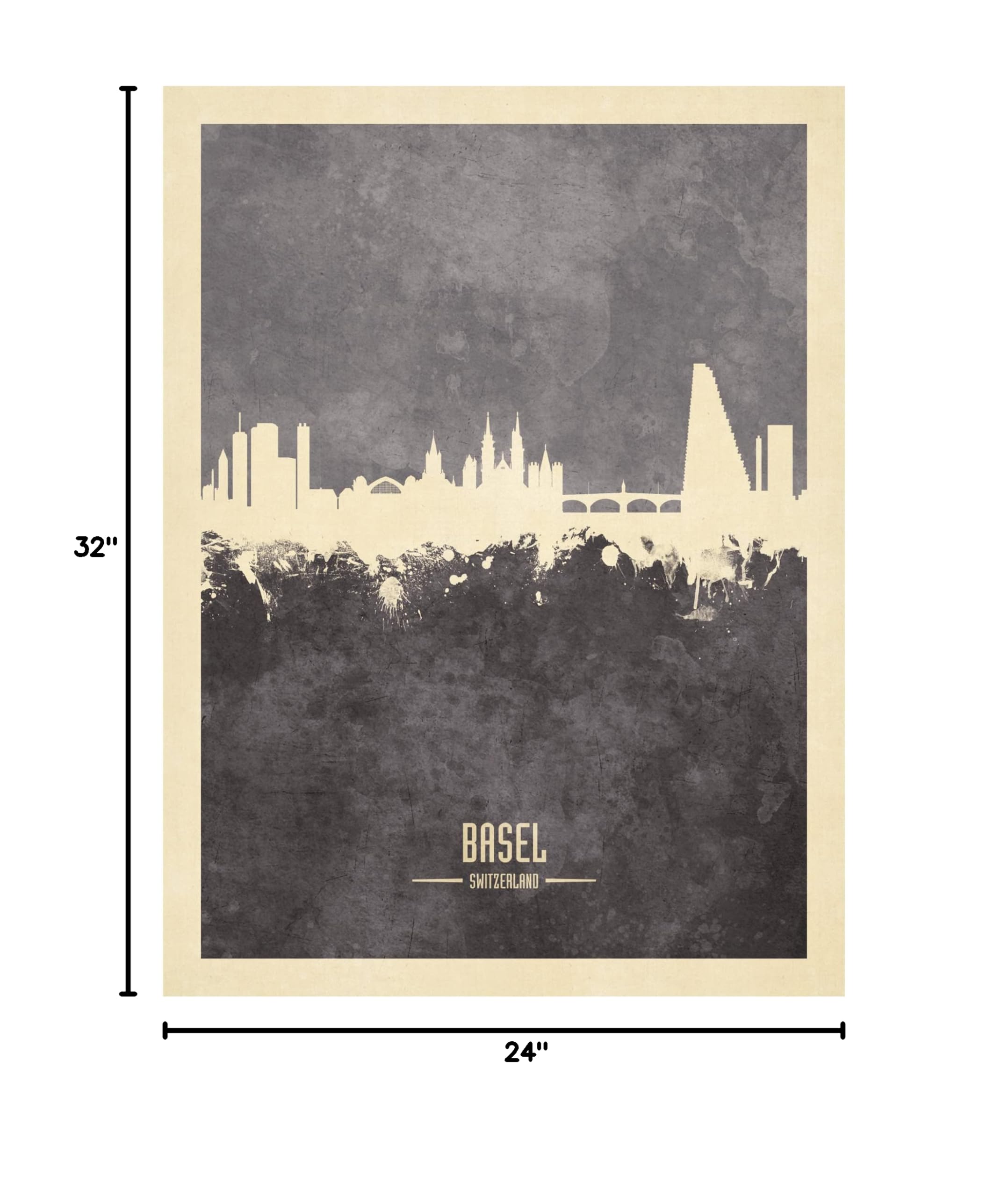 Michael Tompsett 'Basel Switzerland Skyline Gray' Canvas Wall Art - Modern Cityscape Painting for Living Room, Office & Home Decor