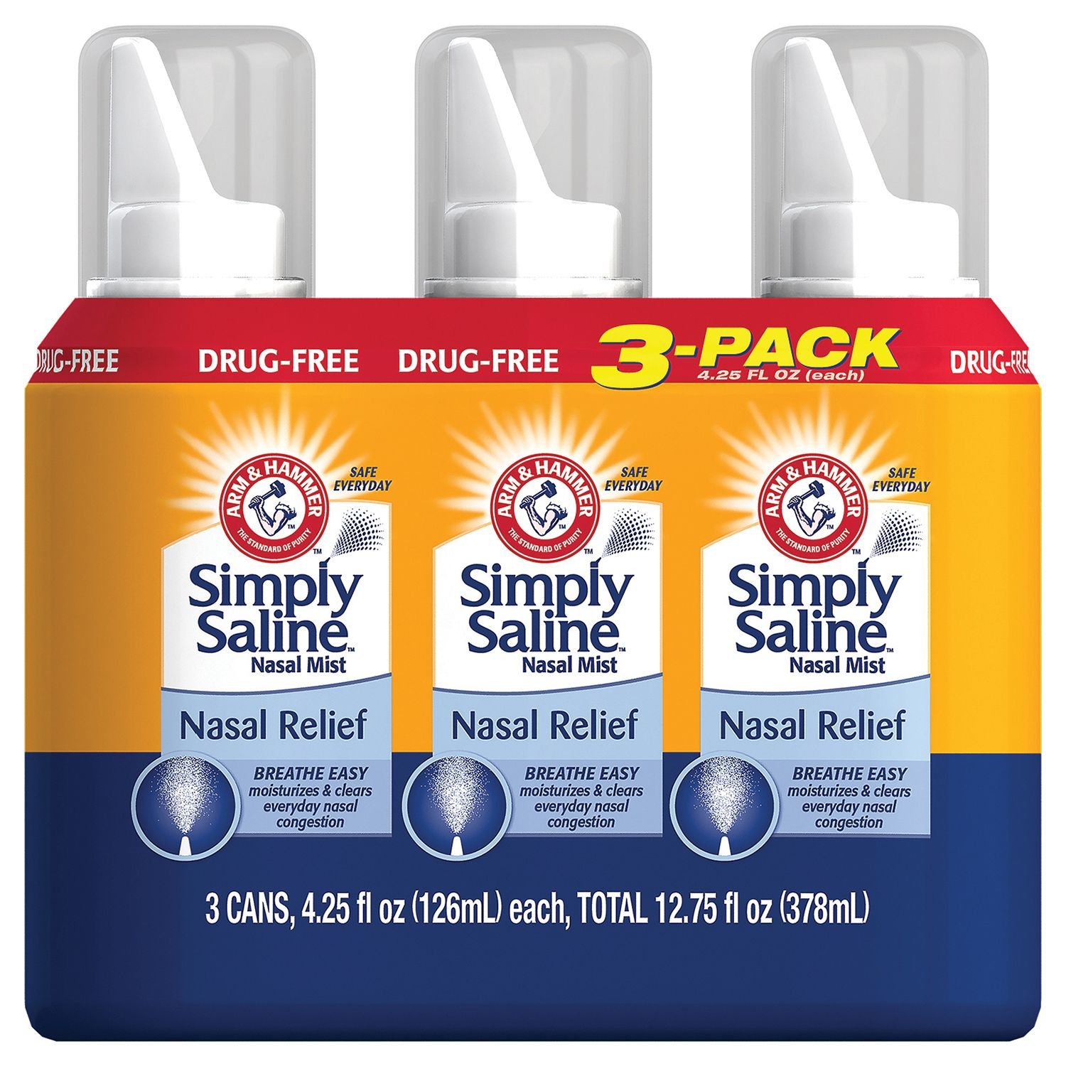 Arm & Hammer Simply Saline Nasal Relief Spray - 4.25 oz (12 Pack) | Drug-Free Nasal Congestion Solution for Adults & Kids | Perfect for Allergy Season, Cold & Flu Relief