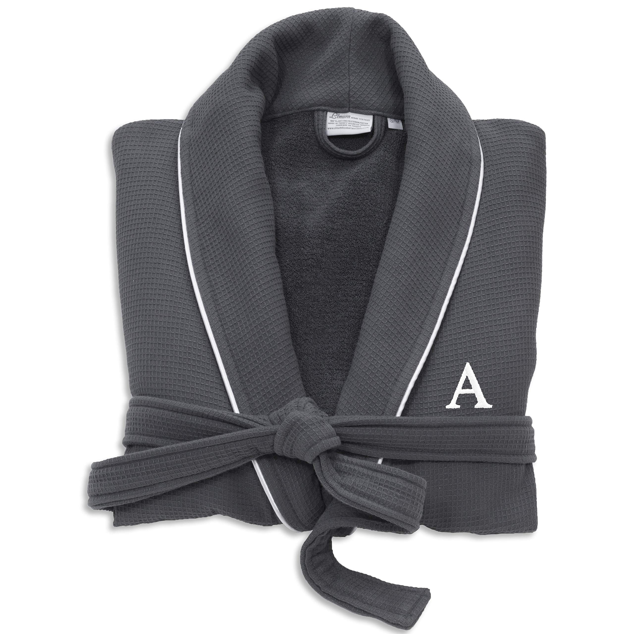 Premium Dark Grey Unisex Turkish Cotton Waffle Weave Terry Bathrobe with White Block Monogram B S/M - Soft & Absorbent Spa Robe for Women & Men, Perfect for Bath, Lounge & Hotel Luxury