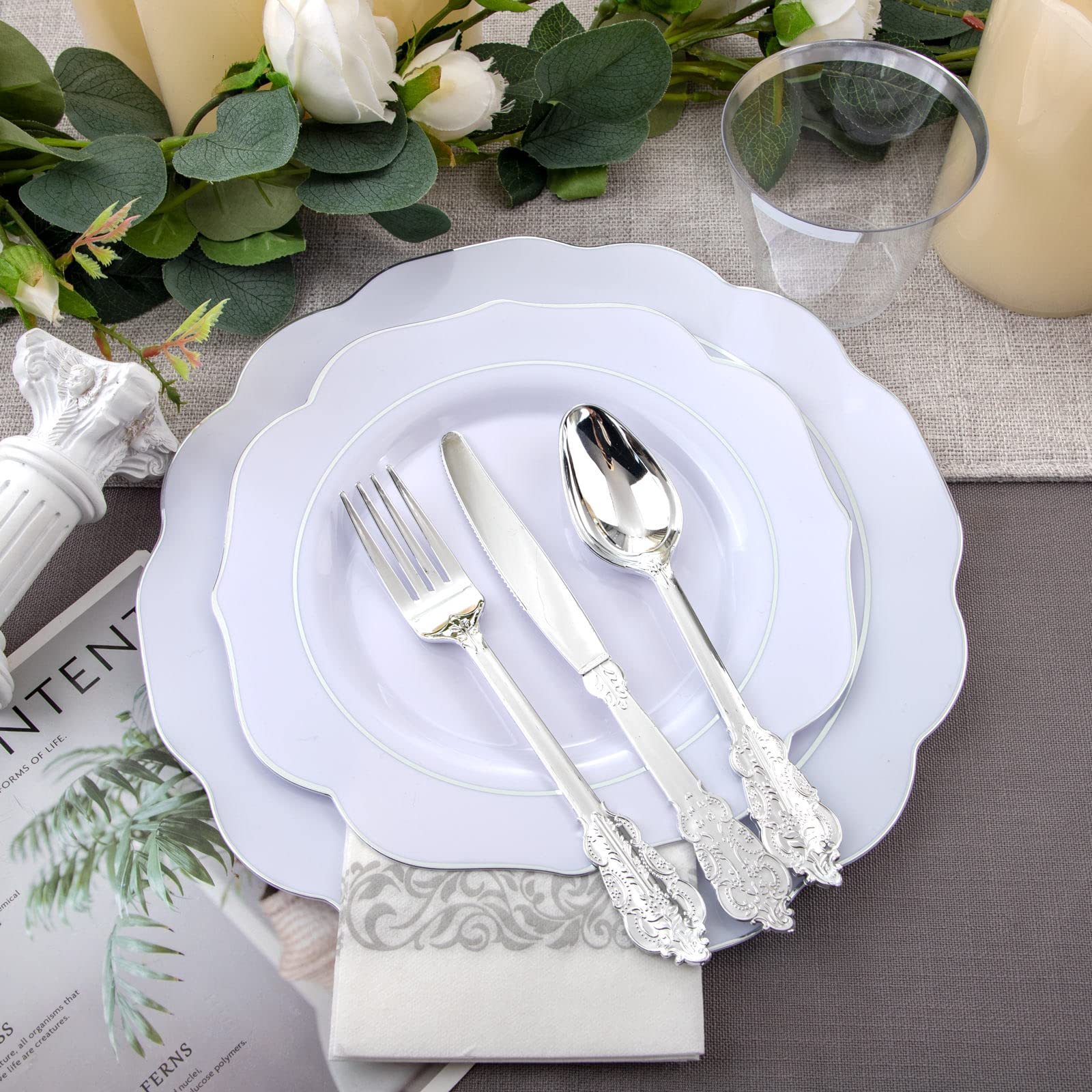 NOCCUR 175-Piece Silver Plastic Dinnerware Set - Elegant Silver Rim Plates & Utensils for Christmas, Weddings, Parties (25 Dinner Plates, 25 Dessert Plates, 25 Forks, 25 Knives, 25 Spoons) - Perfect for Holiday Gatherings, Catering Events & Special Occasions
