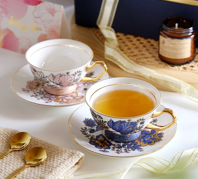 Elegant Ceramic Coffee Cups & British Tea Set with Iris Flower Design - Royal Bone China Porcelain Tea Cup and Saucer Set in Gift Box - Perfect for Afternoon Tea, Gifts, and Home Decor