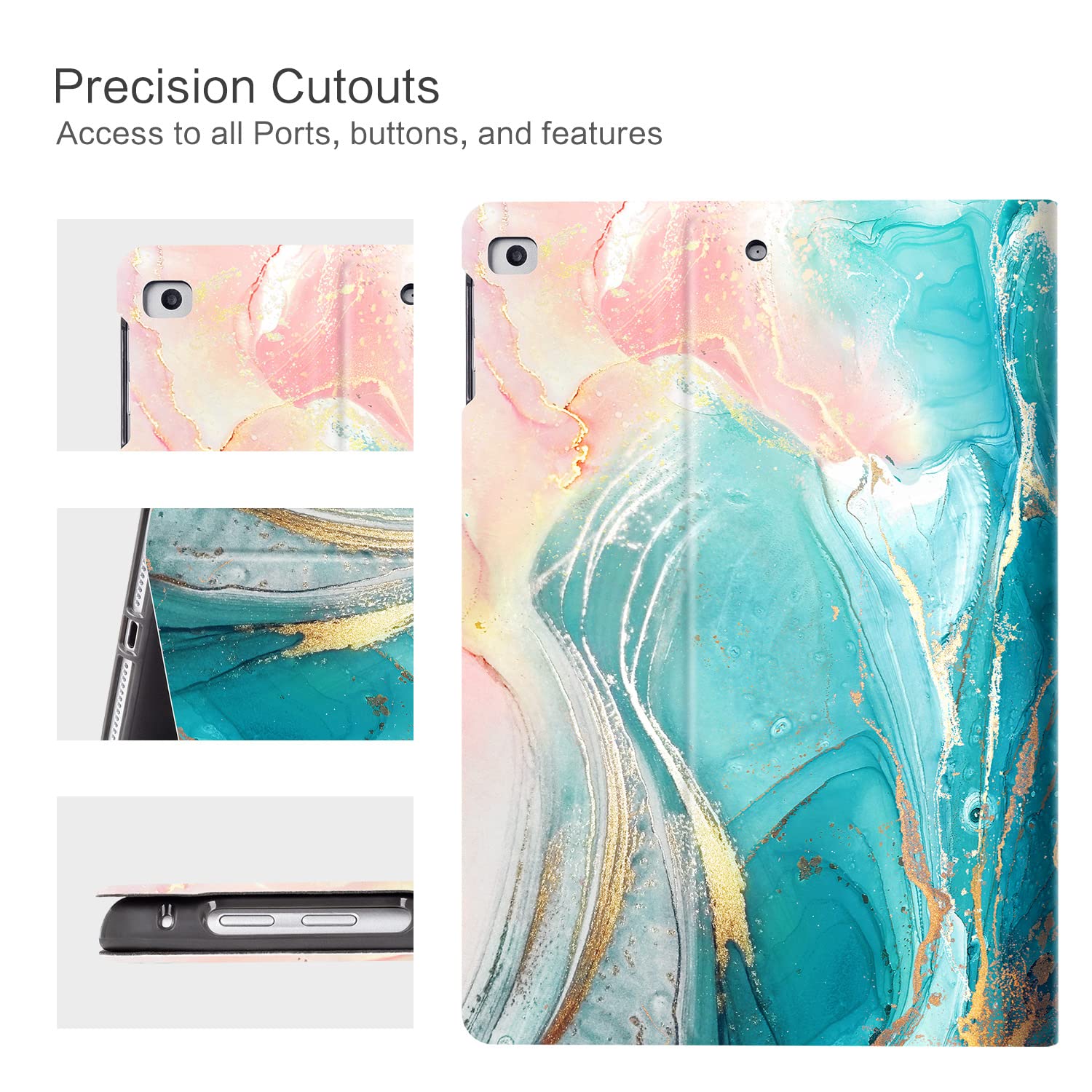 Premium Leather Folio Case for iPad 5th/6th Gen & iPad Air 1/2 - 9.7 Inch Smart Cover with Auto Wake/Sleep, Adjustable Stand, Blue & Pink Marble Design - Perfect for Work, Travel & Home Use