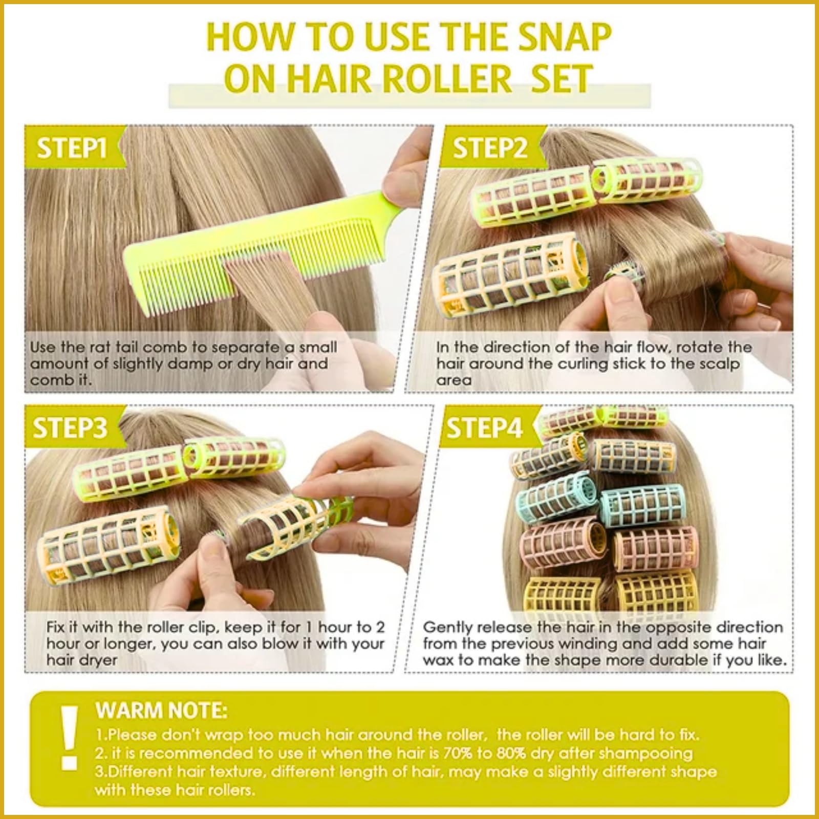 Professional Magnetic Hair Rollers Set - 6 Pcs Snap-on Plastic Curlers for Women & Girls (Yellow) | Heatless Curling Tools for Salon-Quality Hairstyling at Home, Perfect for Parties & Daily Styling