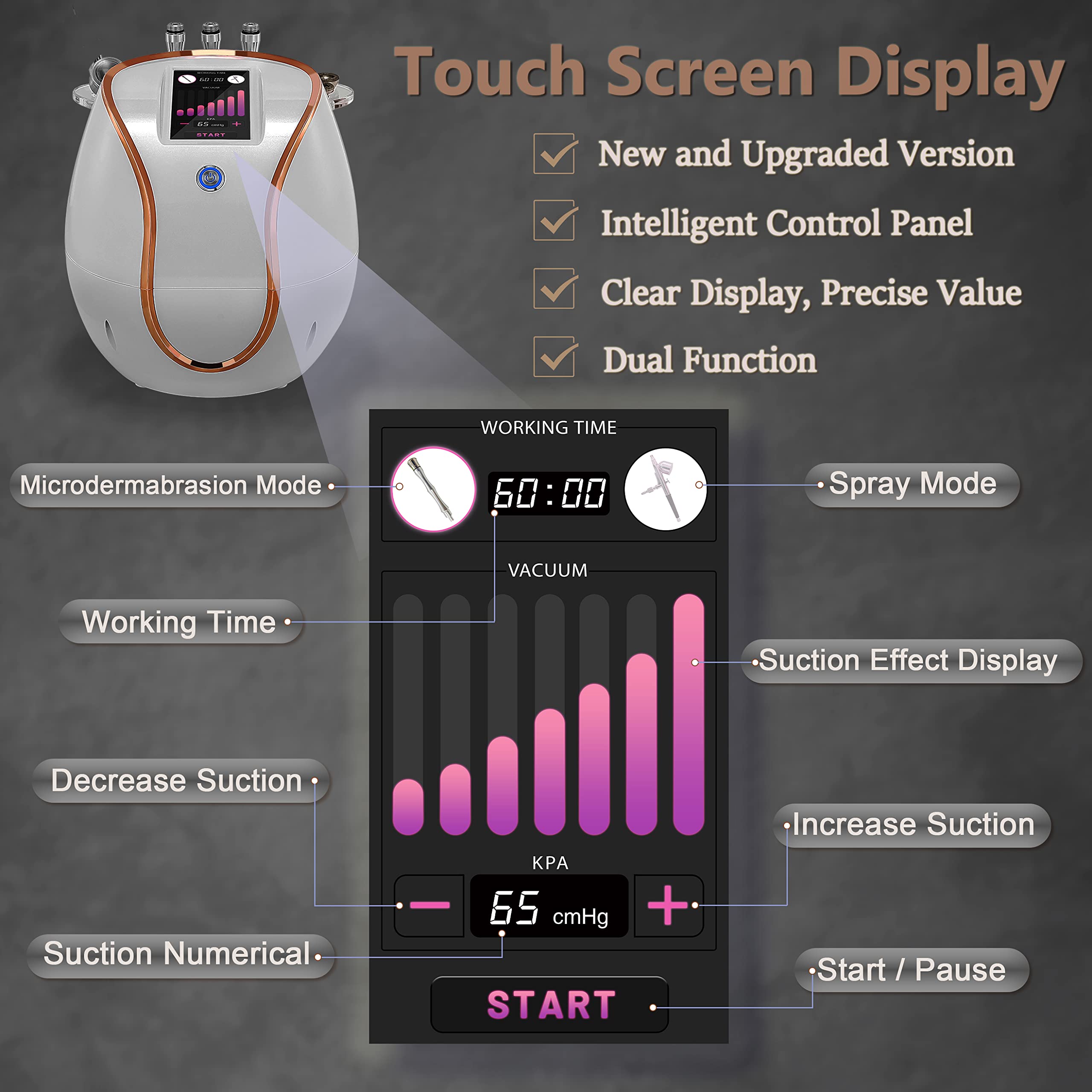 Professional Diamond Microdermabrasion Machine with Touch Screen for Facial Skin Care - 68cmHg Suction Power, Includes Spray Gun, 350 Cotton Filters, Tips & Wands - Perfect for Spa, Salon & At-Home Skin Rejuvenation Treatments