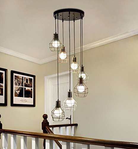Industrial Cage Pendant Lighting Set - LITFAD Adjustable Rustic Chandelier with 7 Metal Cage Lights, 280W Max, Black Finish, Vintage Ceiling Light for Farmhouse, Loft & Industrial Decor