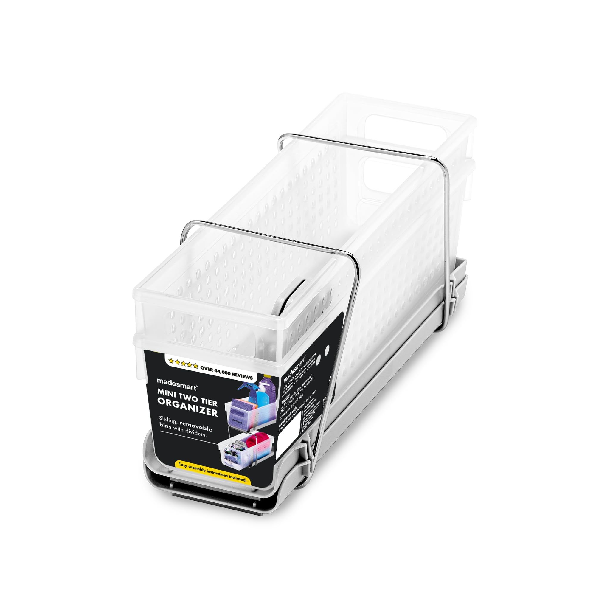 Madesmart 2-Tier Plastic Mini Multipurpose Organizer with Divided Slide-Out Bins - Compact Under Sink & Cabinet Storage Rack, Frosted White - Perfect for Bathroom, Kitchen, Office & Closet Organization