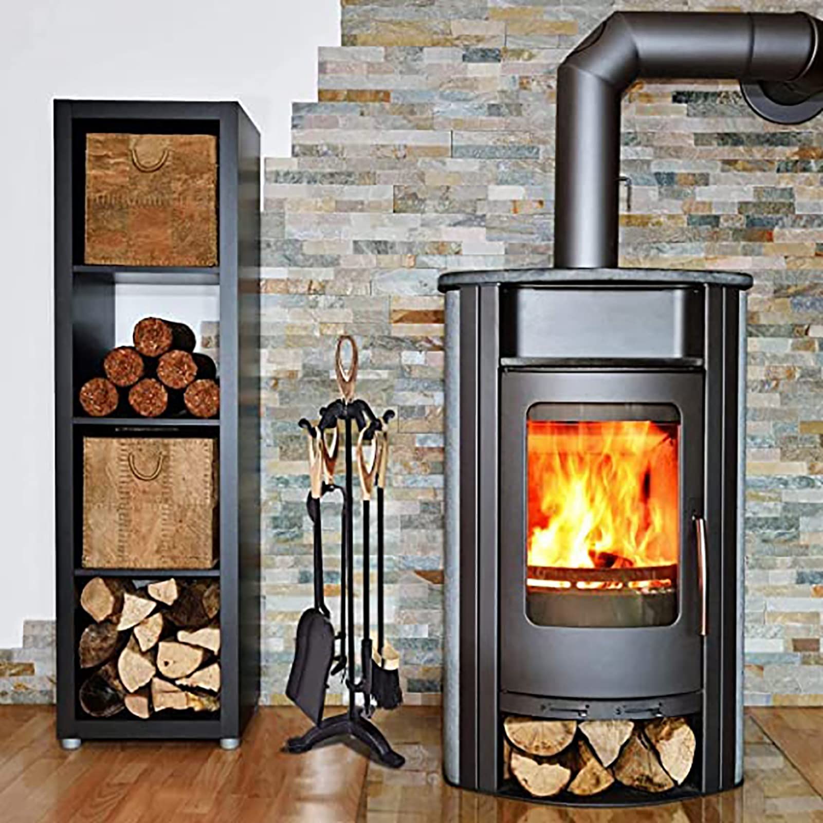 MTSON Modern 5-Piece Fireplace Tool Set - Heavy Duty Cast Iron Fireplace Accessories for Indoor & Outdoor Use with Space-Saving Tool Holder & Base - Perfect for Fireplace Maintenance, Camping & Patio Decor