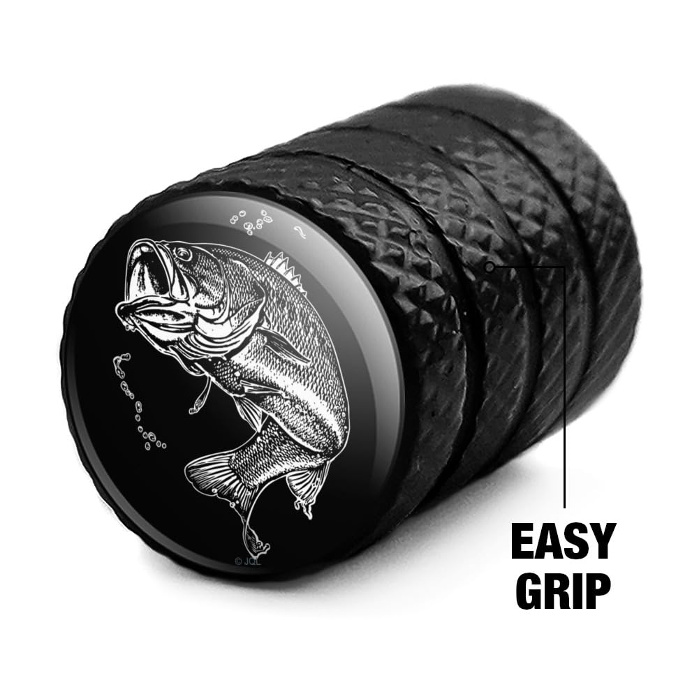 Premium Black Aluminum Valve Stem Caps for Motorcycle & Bicycle Wheels - Largemouth Bass Fishing Design - Perfect for Outdoor Enthusiasts and Bike Accessories