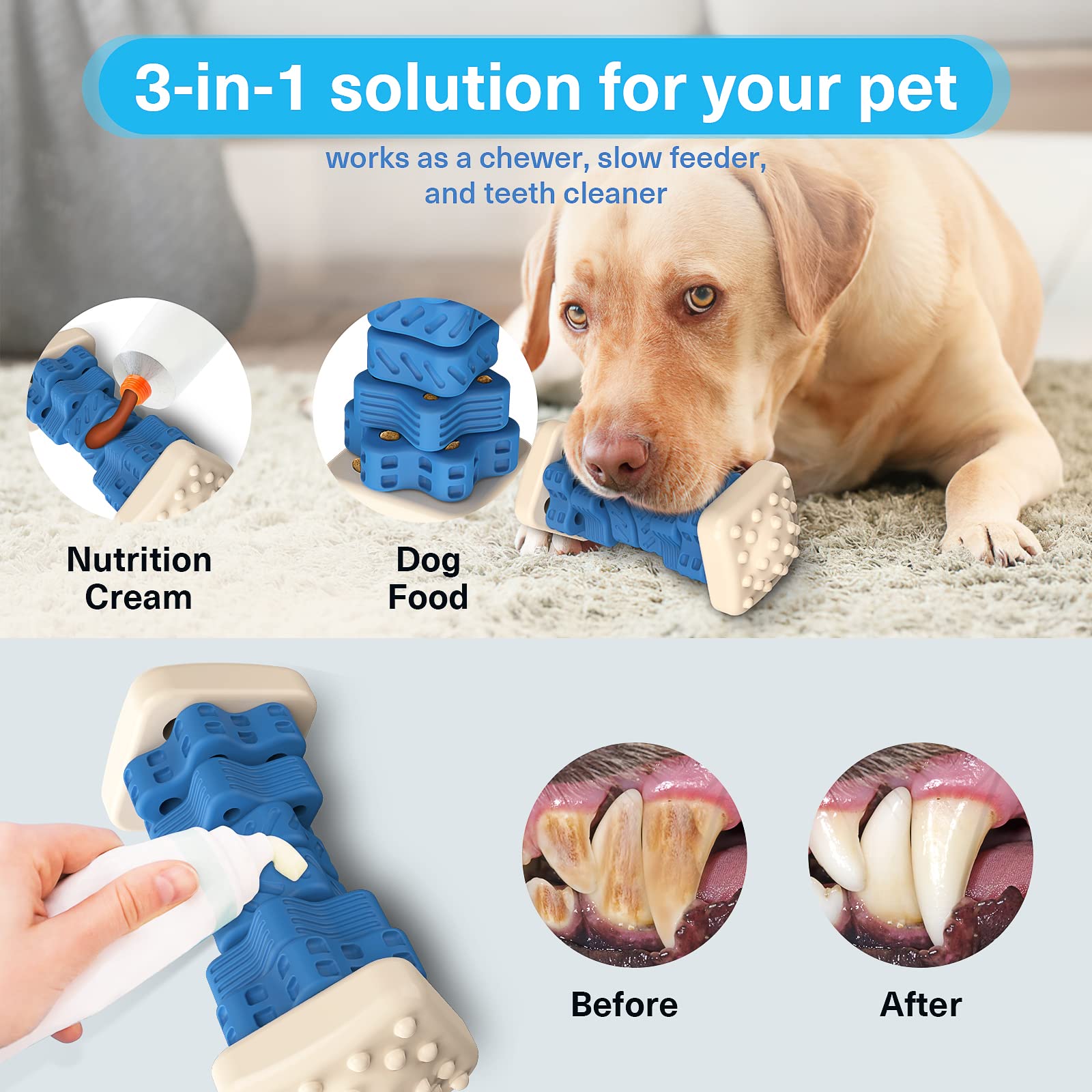 Durable Indestructible Dog Chew Toys for Aggressive Chewers - Beef Flavor Interactive Puzzle Toys, Safe Rubber Chewers for Large Medium Small Dogs (Blue) - Perfect for Training, Boredom Relief & Playtime