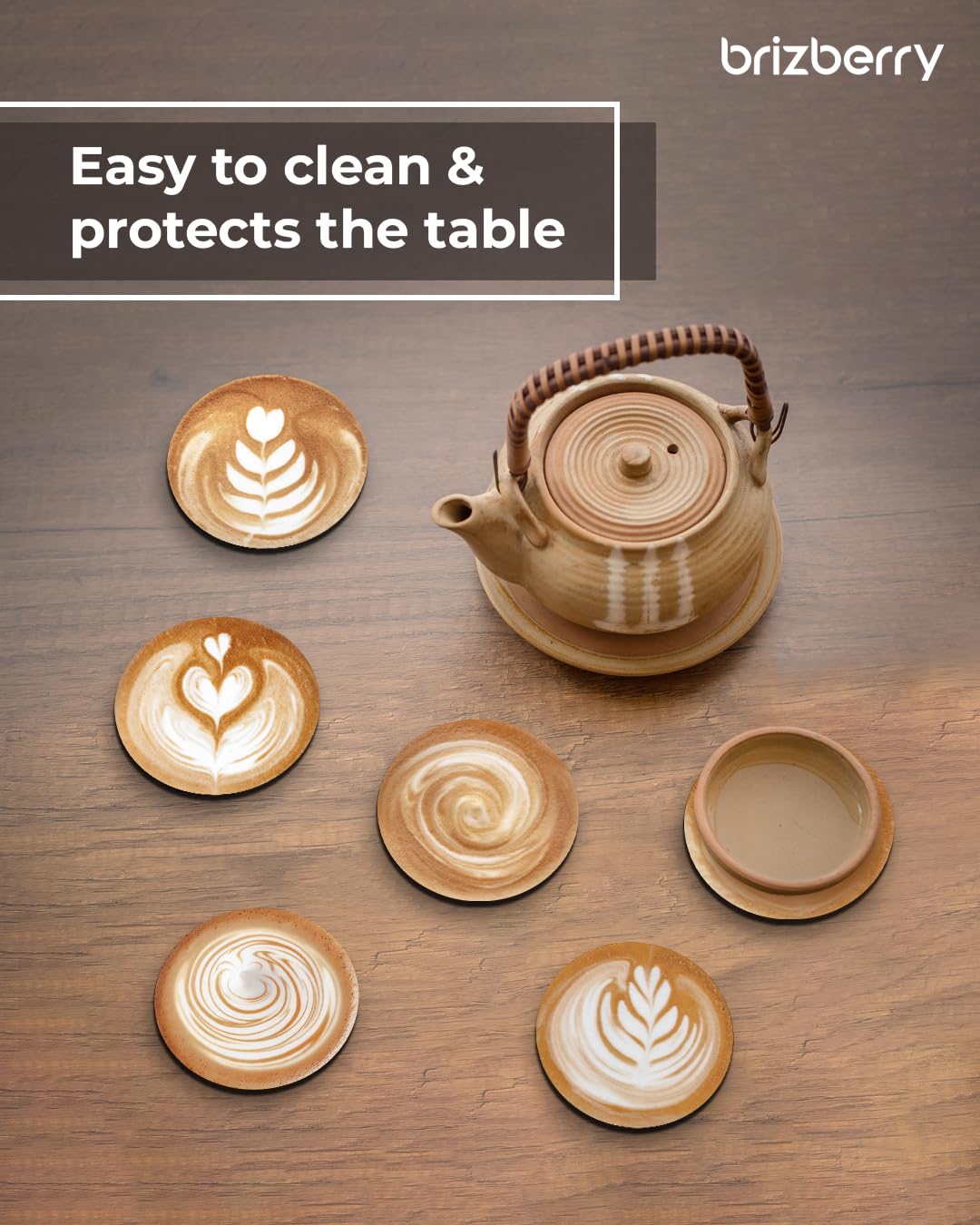 Premium Wooden Coasters Set of 6 - 3.5x3.5 Inch Absorbent & Durable for Coffee, Tea, Wine Glasses - Elegant Printed Designs for Home, Office, Restaurant Use - Brizberry Brizcoast Collection