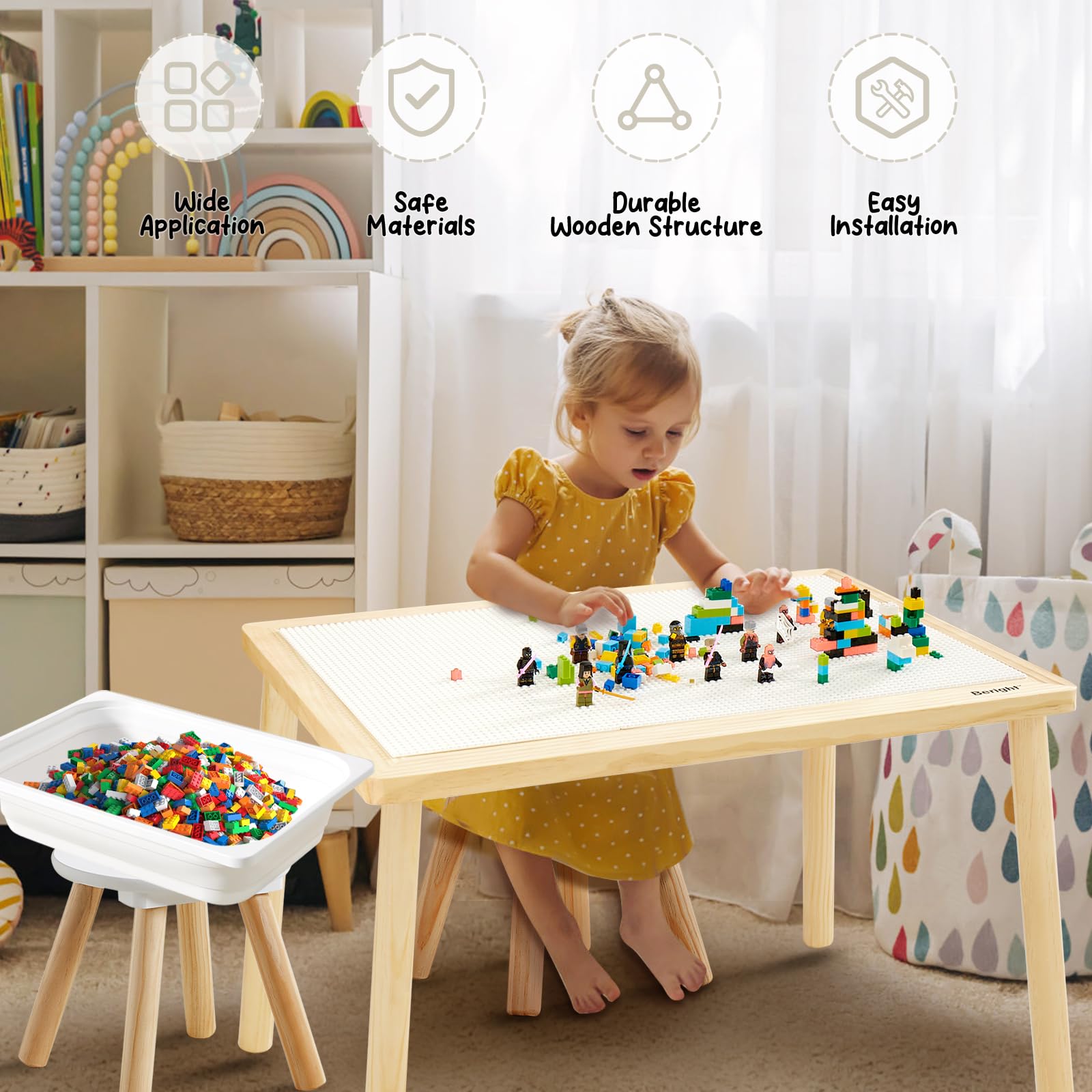 Beright Kids Activity Table with 3 Baseplates - White Building Block Play Table with Double-Sided Tabletop | Indoor Sensory & Creative Play Table for Toddlers | Perfect for LEGO, Duplo & Educational Activities