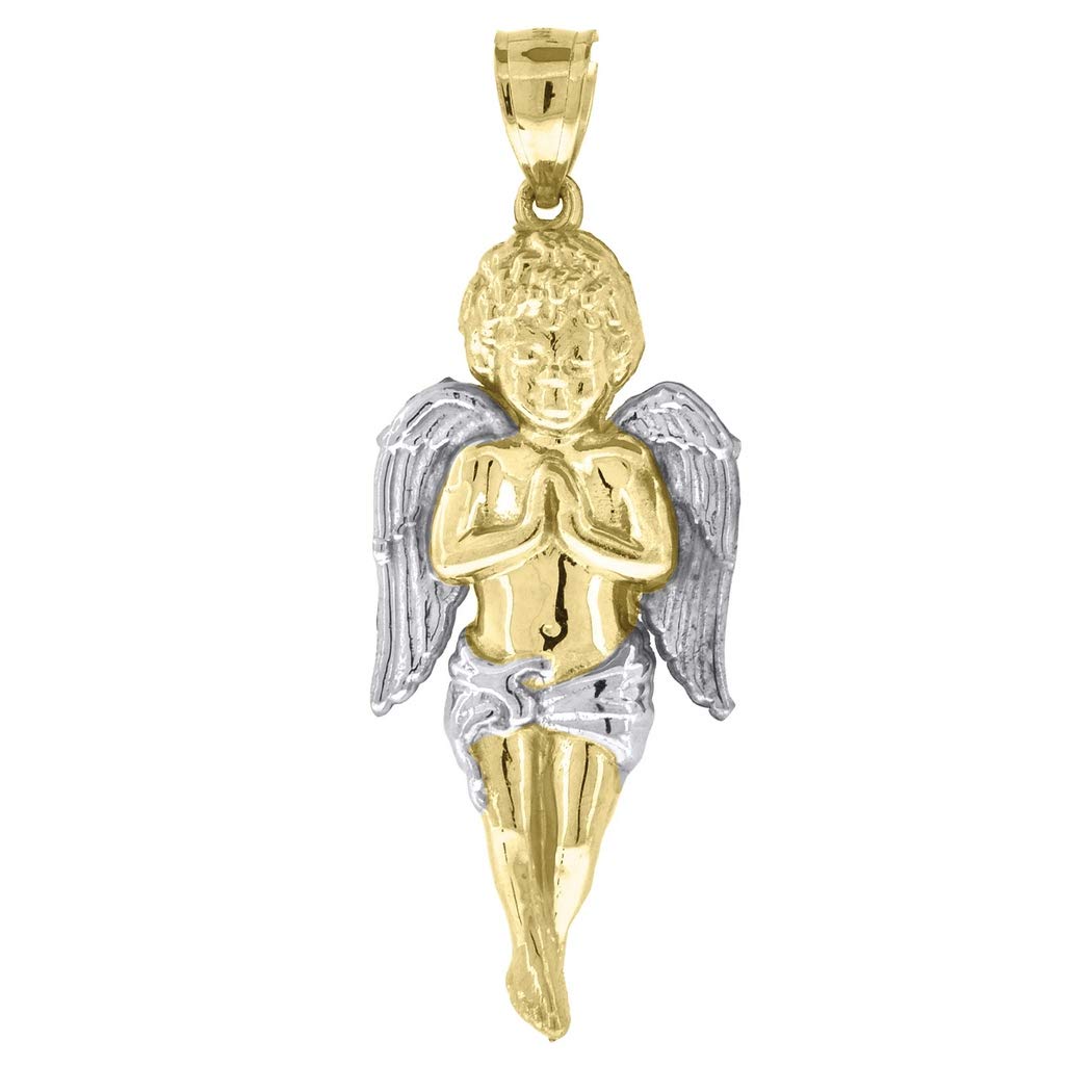 10K Gold Two-Tone Men's Angel Pendant Necklace - 45mm Height x 17mm Width Religious Charm Jewelry Gift for Him - Perfect for Baptism, Confirmation & Spiritual Occasions