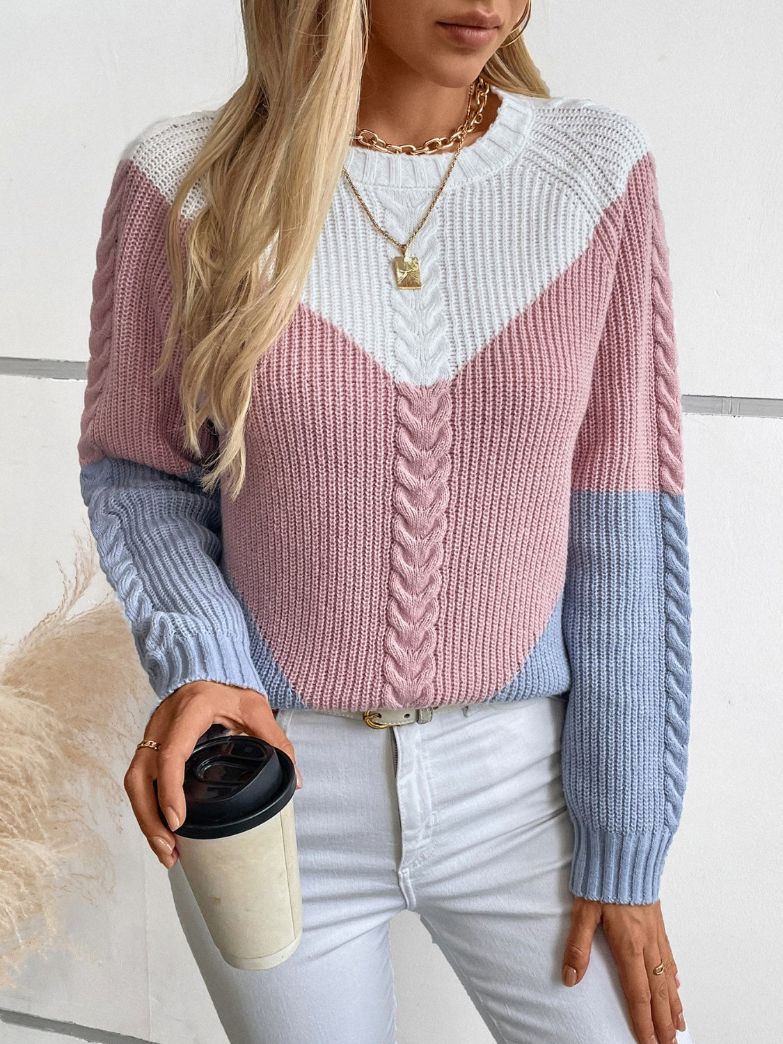 Color Block Round Neck Long Sleeve Sweater for Women - Soft Knit Pullover Winter Tops - Casual Office Wear & Holiday Outfits
