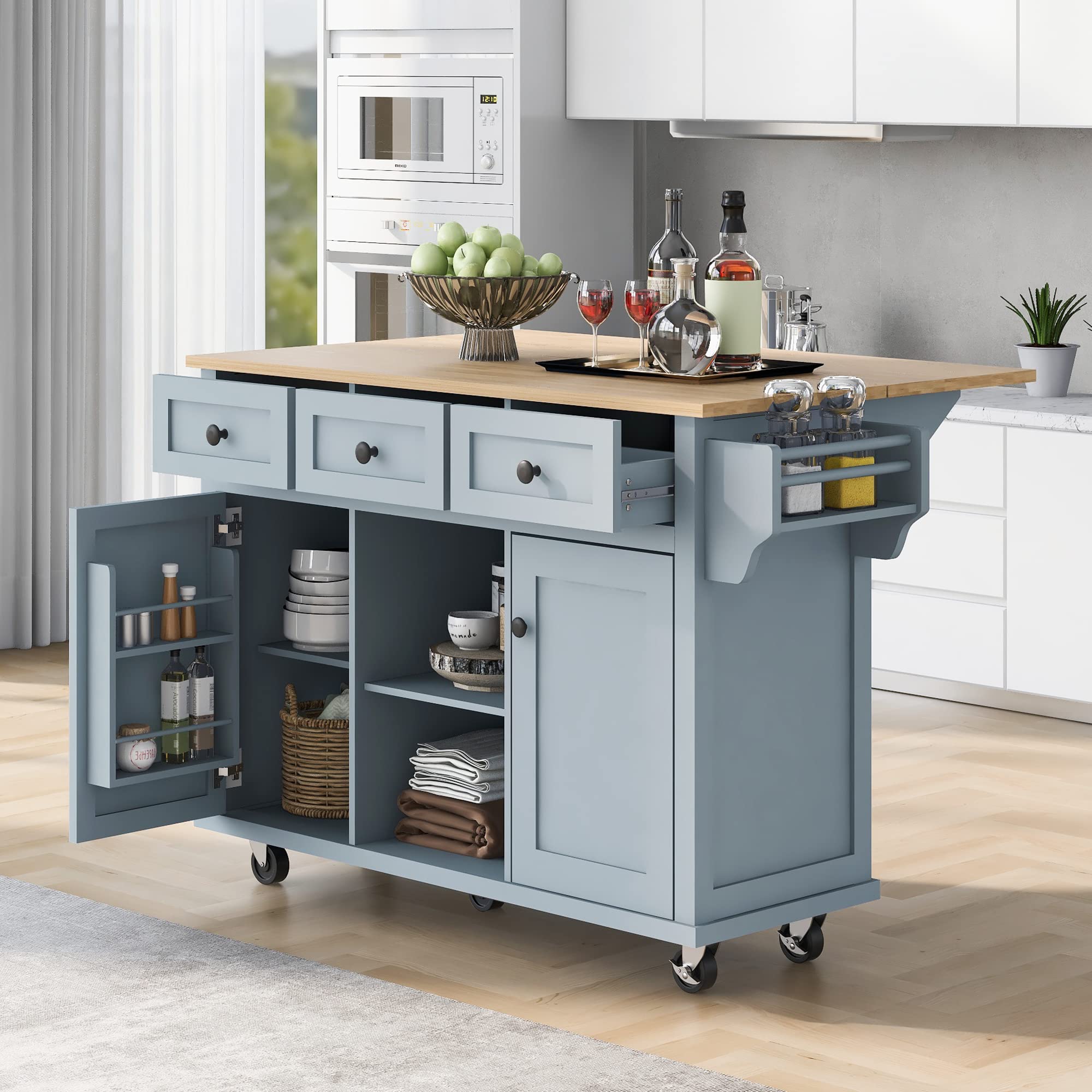 Multi-Functional Kitchen Island Cart with Drop-Leaf Cabinet, 5-Wheel Mobile Base, 3 Storage Drawers & Internal Rack - 53.1