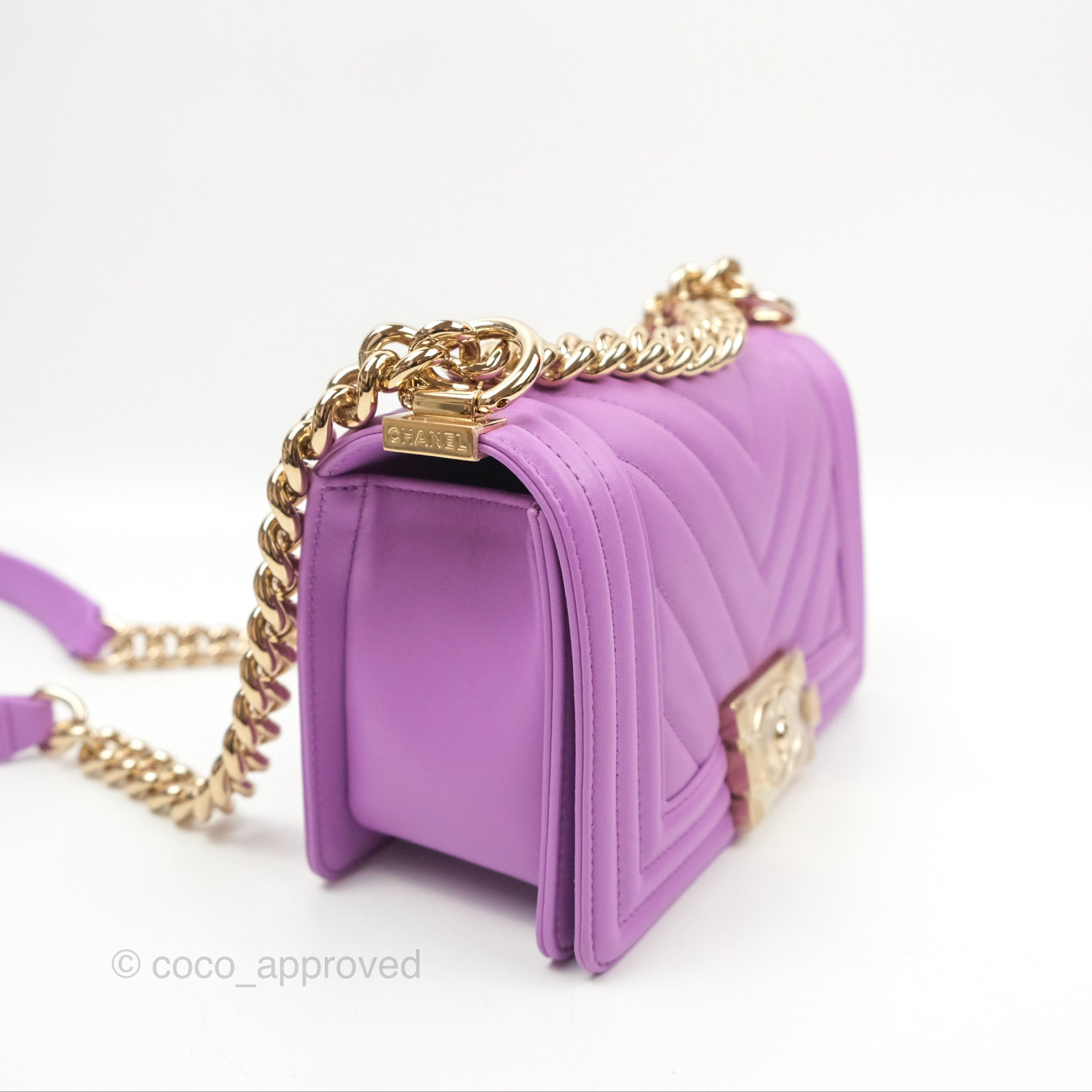 Chanel Chevron Small Boy Bag in Purple Calfskin with Gold Hardware - Luxury Crossbody Purse for Women, Perfect for Evening Events & Date Nights