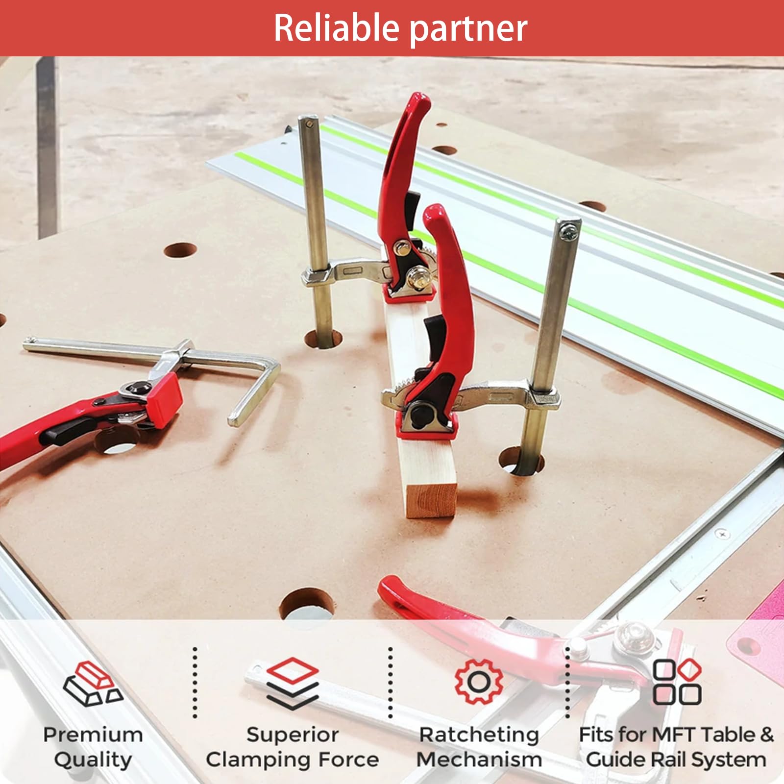 2025 Upgraded Ratcheting Table Clamp - Quick Track Saw Clamps with Ratchet Guide Rail F Clamp - MFT Clamp for MFT Table & Guide Rail System - Woodworking Clamps Compatible with Festool (2PCS) - Perfect for Woodworking Projects & DIY Home Improvement