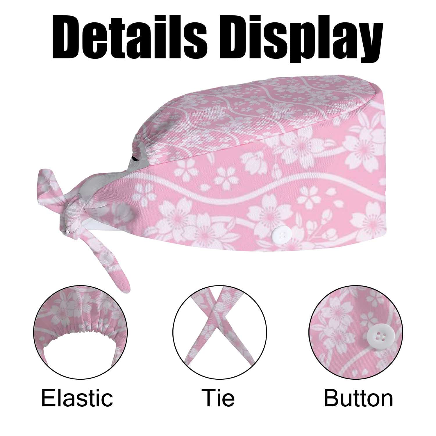Adjustable Work Cap with Buttons & Sweatband - Cherry Blossom Floral Design Unisex Hat for Women & Men, Tie Back Hat for Long Hair - Perfect for Construction, Gardening, Outdoor Work & Sports Activities