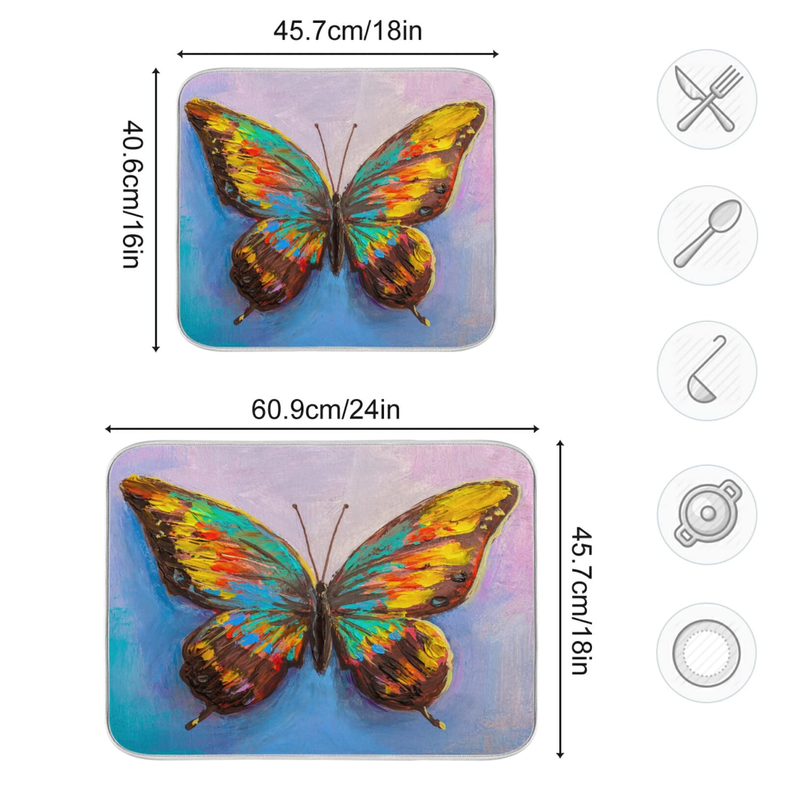 Butterfly Painting Dish Drying Mat - Absorbent Fast Dry Kitchen Countertop Pad, Non-Slip Dish Drainer Rack Mat - Perfect for Drying Dishes, Utensils & Cookware After Washing