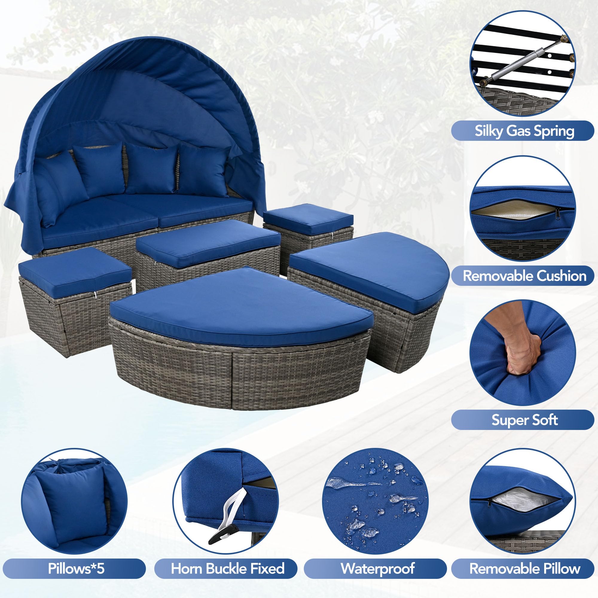 6-Piece All-Weather PE Rattan Patio Furniture Set with Retractable Canopy - Outdoor Round Daybed Sectional Sofa Conversation Set in Blue | Perfect for Backyard, Poolside & Garden Relaxation