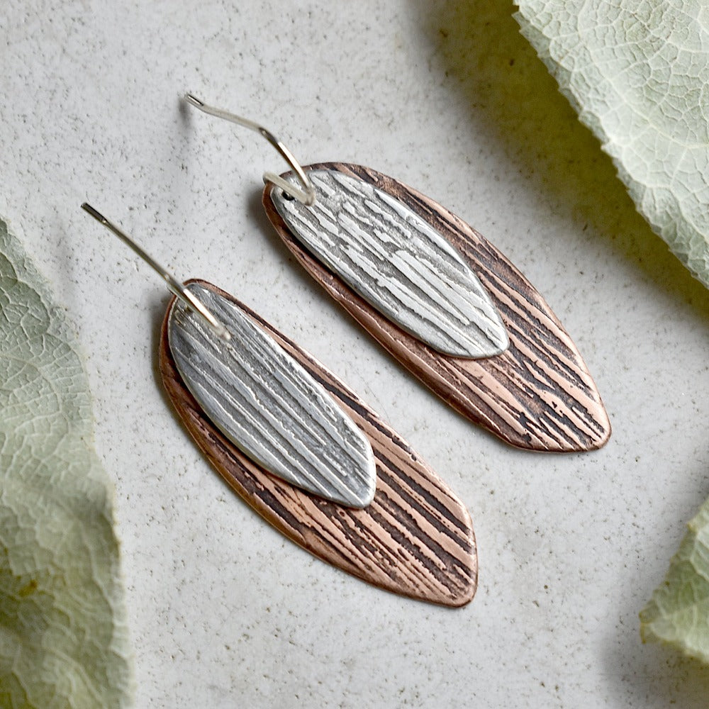 Elegant Silver & Copper Double Drop Earrings with Silk Texture - Perfect for Evening Parties, Weddings & Special Occasions