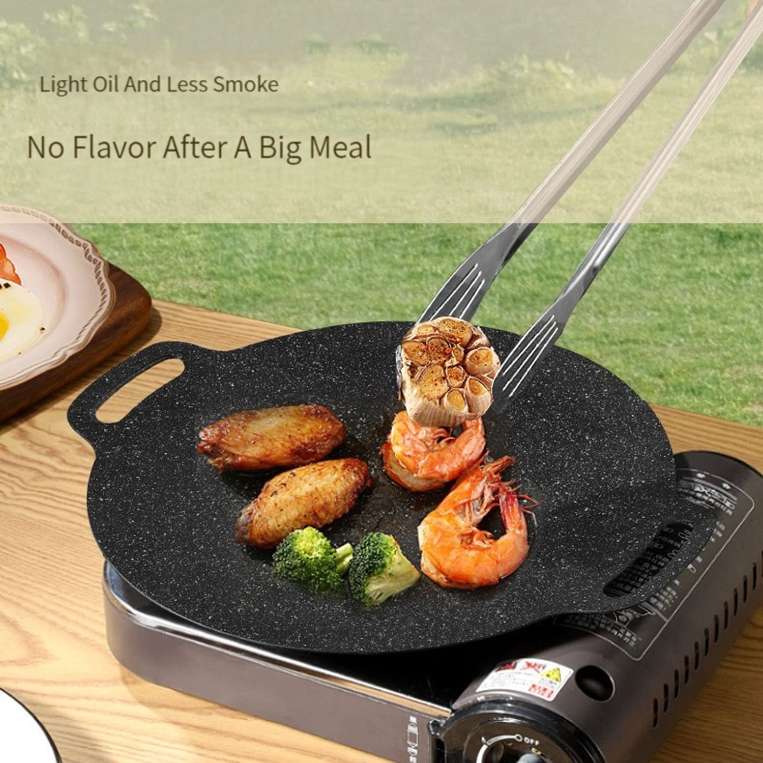 Non-Stick Stone Grill Pan - 14 Inch Round BBQ Griddle with Ergonomic Handle for Steak, Pancakes, Ribs - Perfect for Indoor & Outdoor Cooking, Camping, Picnics