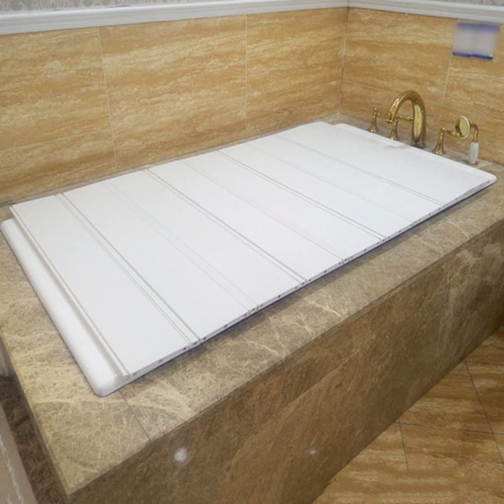 Foldable PVC Bathtub Cover - 0.6cm Thick Insulated Bath Lid for Heat Retention & Dust Protection, White 55x30 Inch Bath Tray for Wine Glasses, Tablets & Bathroom Storage - Perfect for Spa Relaxation & Home Bathroom Organization
