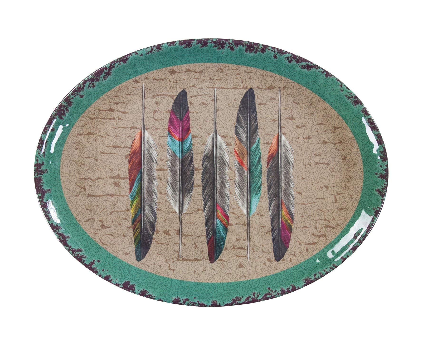 HiEnd Accents 14-Piece Melamine Dinnerware Set - Western Style Feather Print in Orange, Tan, Brown & Teal - Durable Plastic Plates, Bowls & Serving Dish - Southwestern Aztec Tribal Design for Rustic Dining | Perfect for Outdoor Picnics, BBQ Parties & Southwestern-Themed Decor