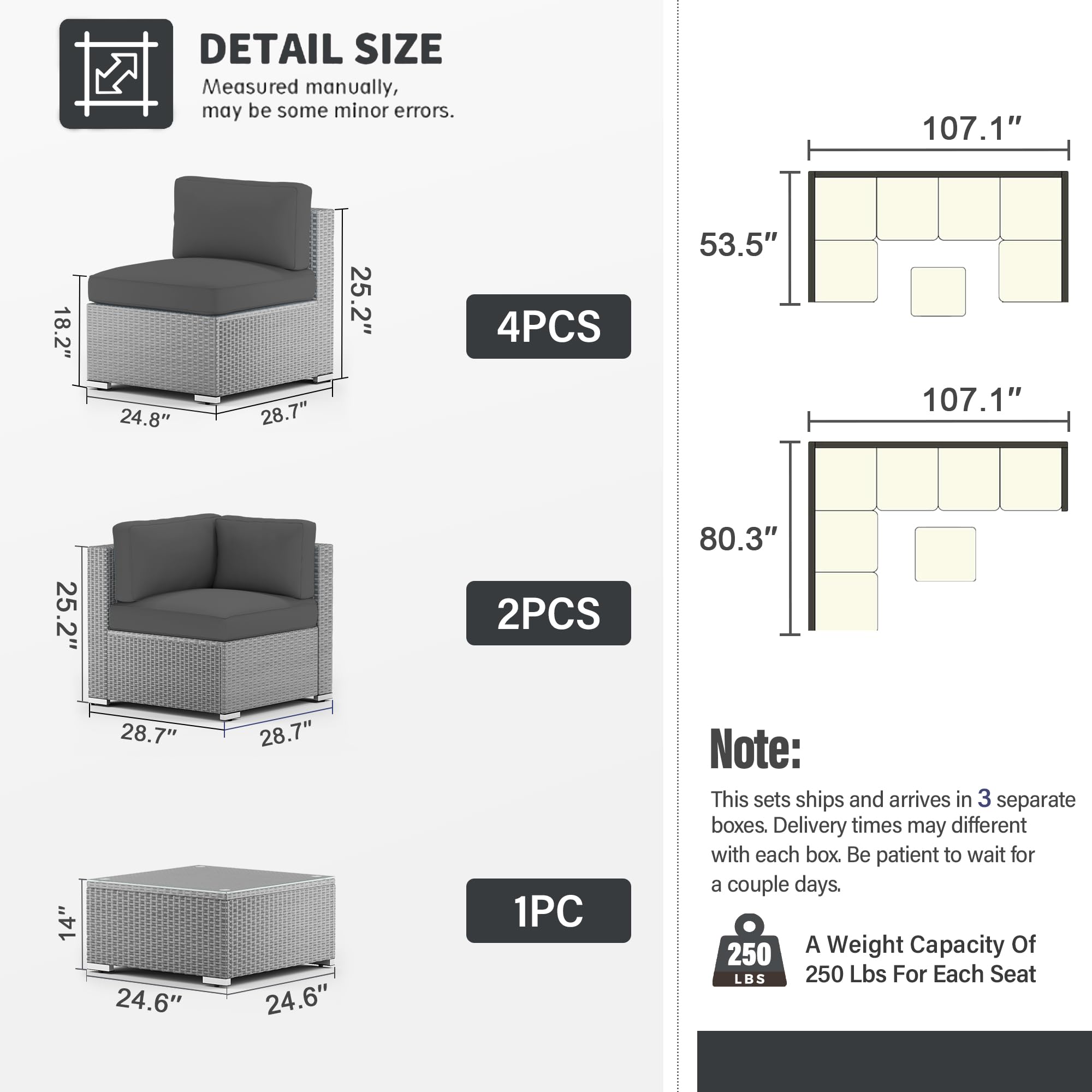 SOLAURA 7-Piece Outdoor Patio Furniture Set - Grey Wicker Sectional Sofa with Glass Coffee Table & Grey Cushions - Weather-Resistant Garden Conversation Seating for Backyard, Poolside or Terrace Relaxation