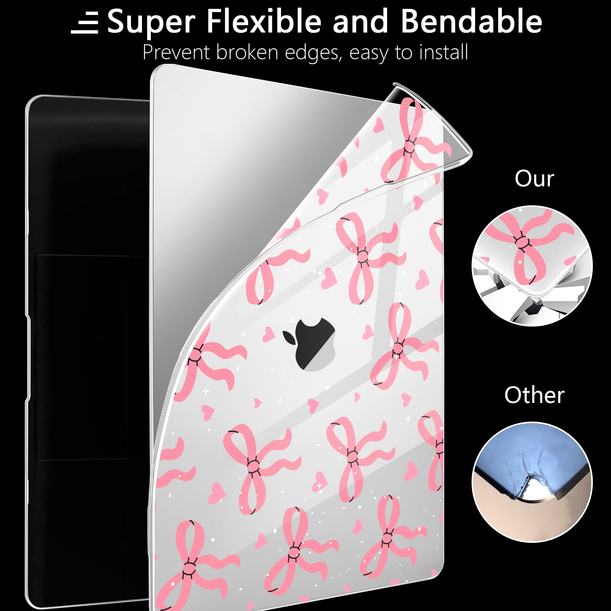 MEEgoodo Crystal Clear Hard Shell Case for MacBook Pro 13 inch (M2/M1, A2338/A2251/A2289, 2020-2022) - Flexible Plastic Protective Cover with Pink Bows | Perfect for Office, Travel & School Use