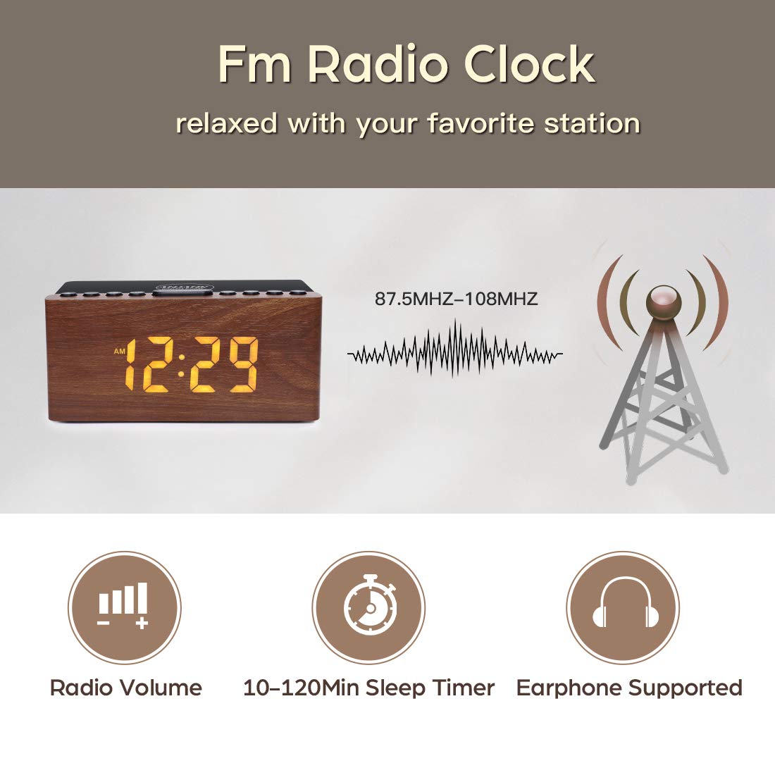 ANJANK Digital LED Alarm Clock with FM Radio & Wireless Charger - 5-Level Dimmer, USB Port, Dual Alarm Sounds, Sleep Timer - Compatible with iPhone & Samsung Galaxy - Perfect for Bedroom, Bedside, Desk (Wood Finish)