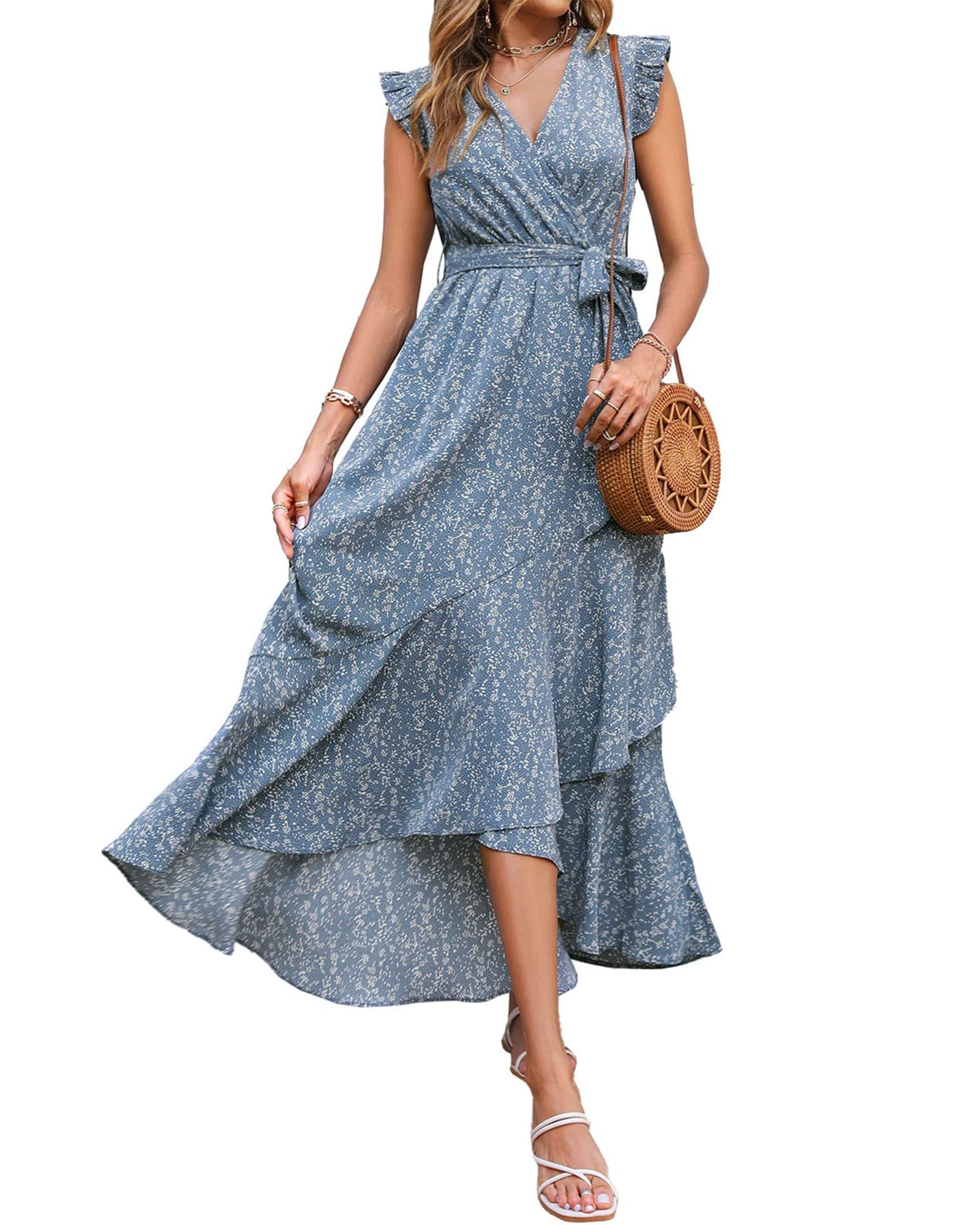 BTFBM Women's Floral Maxi Dress 2025 - Ruffle Sleeve V-Neck Wrap Dress with Belt for Spring/Summer, Beach Vacation, Wedding Guest & Special Occasions | Perfect for Outdoor Parties, Date Nights & Tropical Getaways