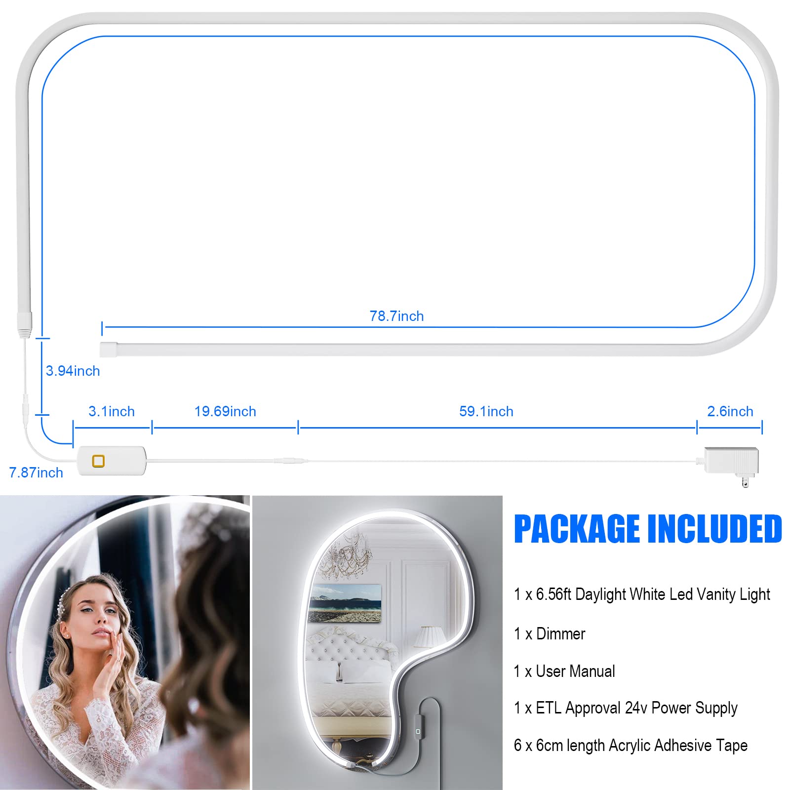 MY BEAUTY LIGHT LED Vanity Mirror Lights Strip - 6000K Daylight White Dimmable Makeup Light (6.56FT) - ELT Approved 24V Stick-On Mirror Lighting for Professional Makeup & Beauty Salon Use