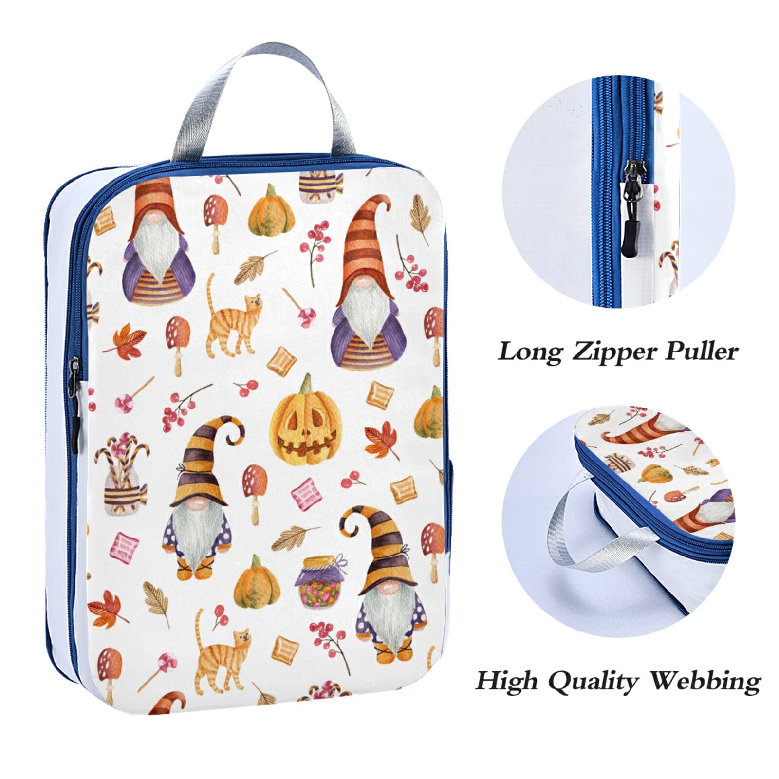 Expandable Adjustable Ultralight Luggage Packing Bags - 3 Piece Set of Compressible Travel Organizer Cubes for Suitcase | Halloween Watercolor Gnomes, Pumpkins & Leaves Design | Perfect for Air Travel, Weekend Getaways & Business Trips