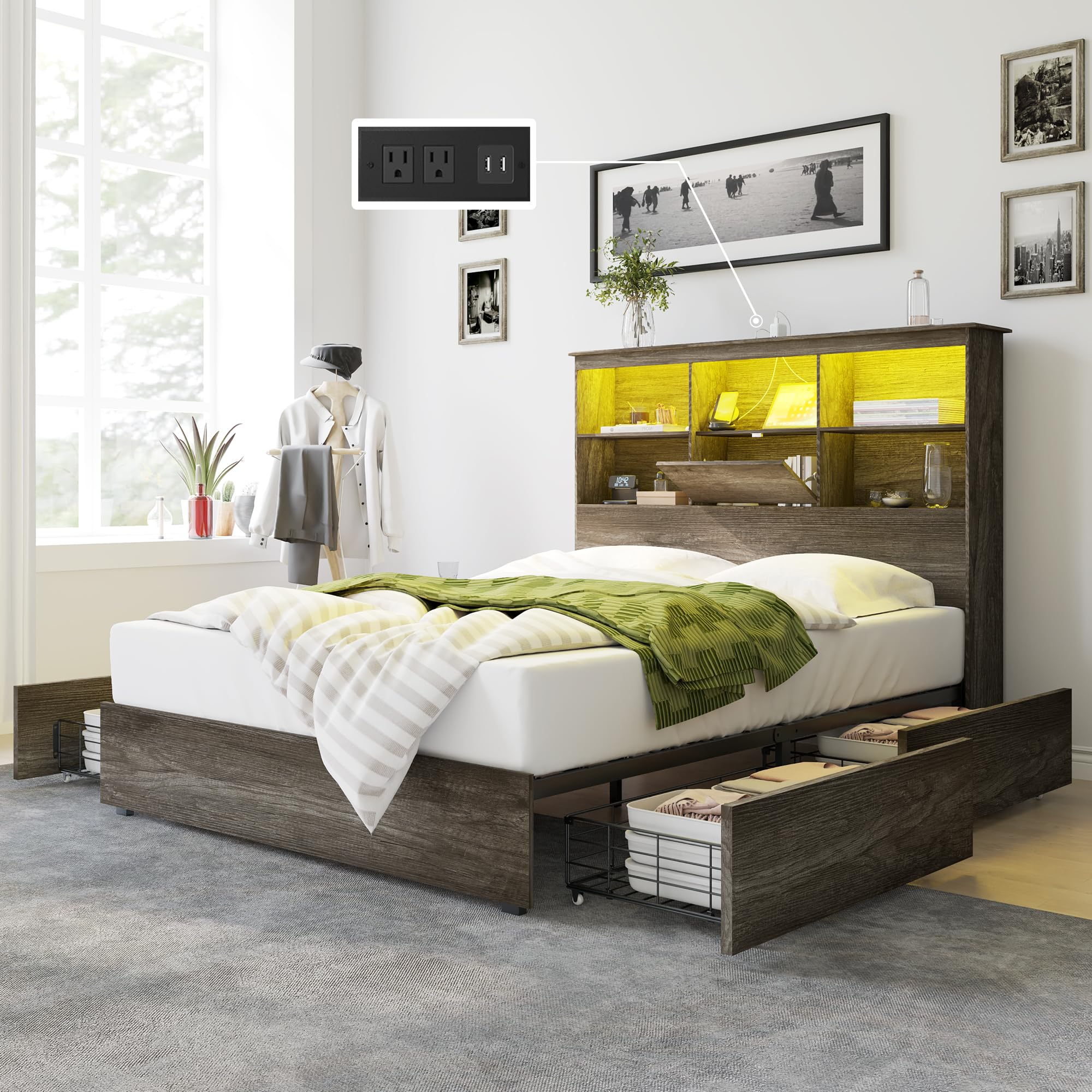 AMERLIFE Queen Size Wooden Platform Bed Frame with LED Storage Headboard, 4 Drawers & USB Charging Station - No Box Spring Needed, Noise Free, Rustic Grey - Perfect for Small Bedrooms, Guest Rooms & Modern Farmhouse Decor